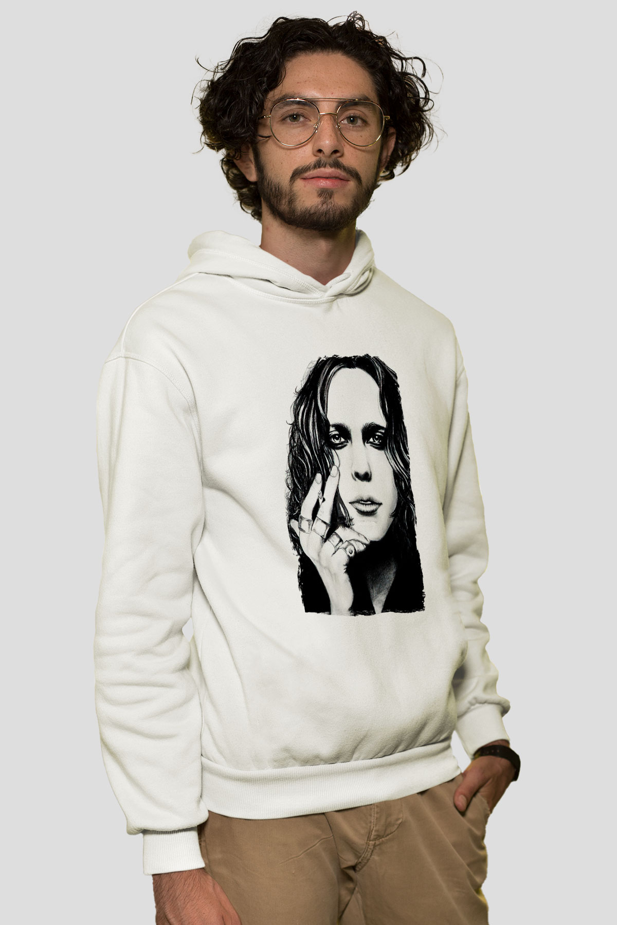 Ville Valo Baskılı Beyaz Unisex Kapüşonlu Sweatshirt