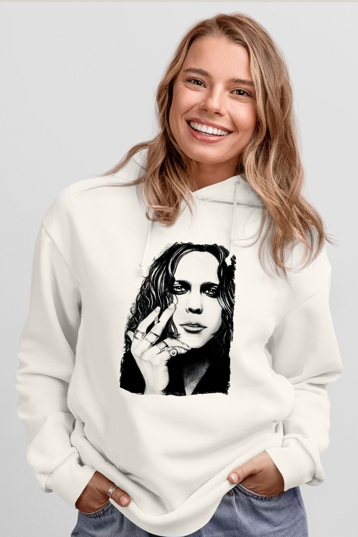 Ville Valo Baskılı Beyaz Unisex Kapüşonlu Sweatshirt