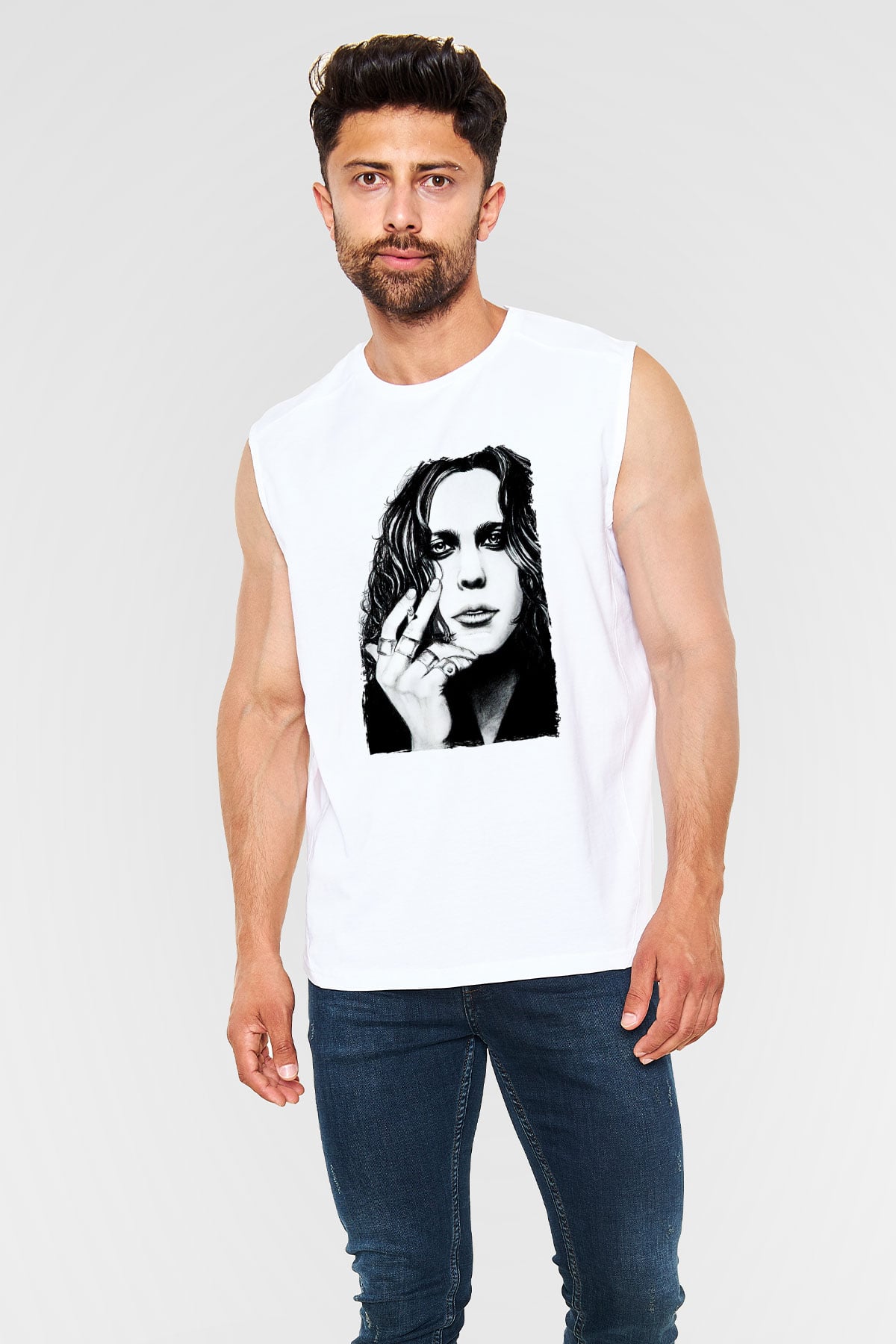 Ville Valo Baskılı Beyaz Unisex Kolsuz Tişört - Tshirt