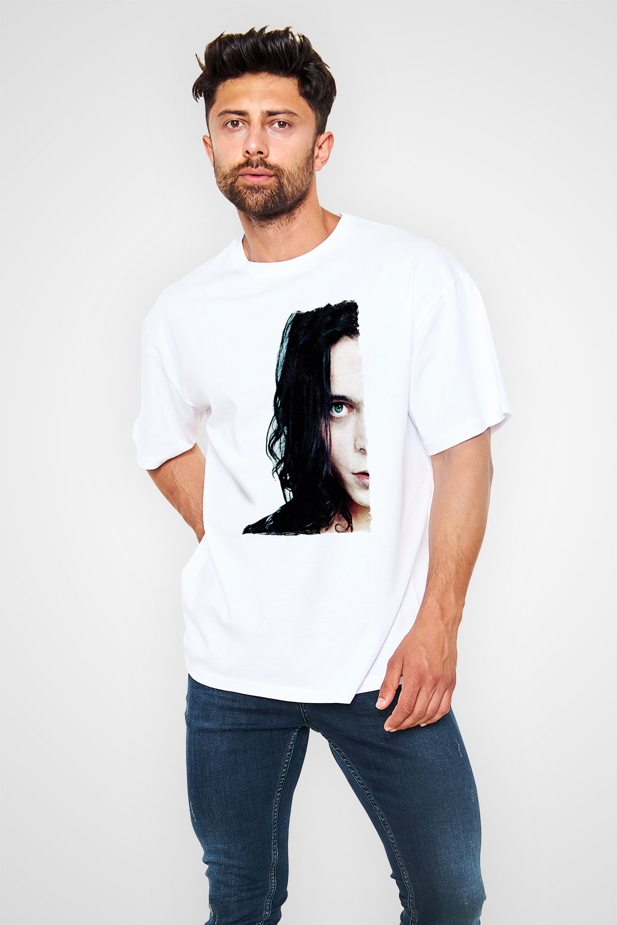 Ville Valo Baskılı Beyaz Unisex Oversize Tişört - Tshirt
