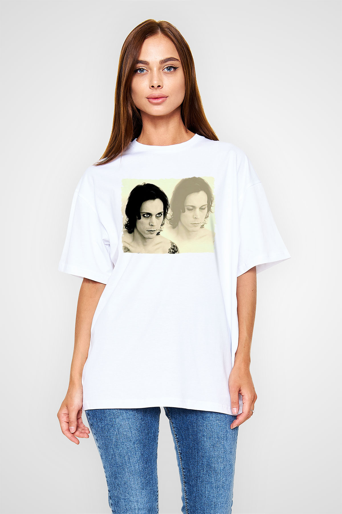 Ville Valo Baskılı Beyaz Unisex Oversize Tişört - Tshirt