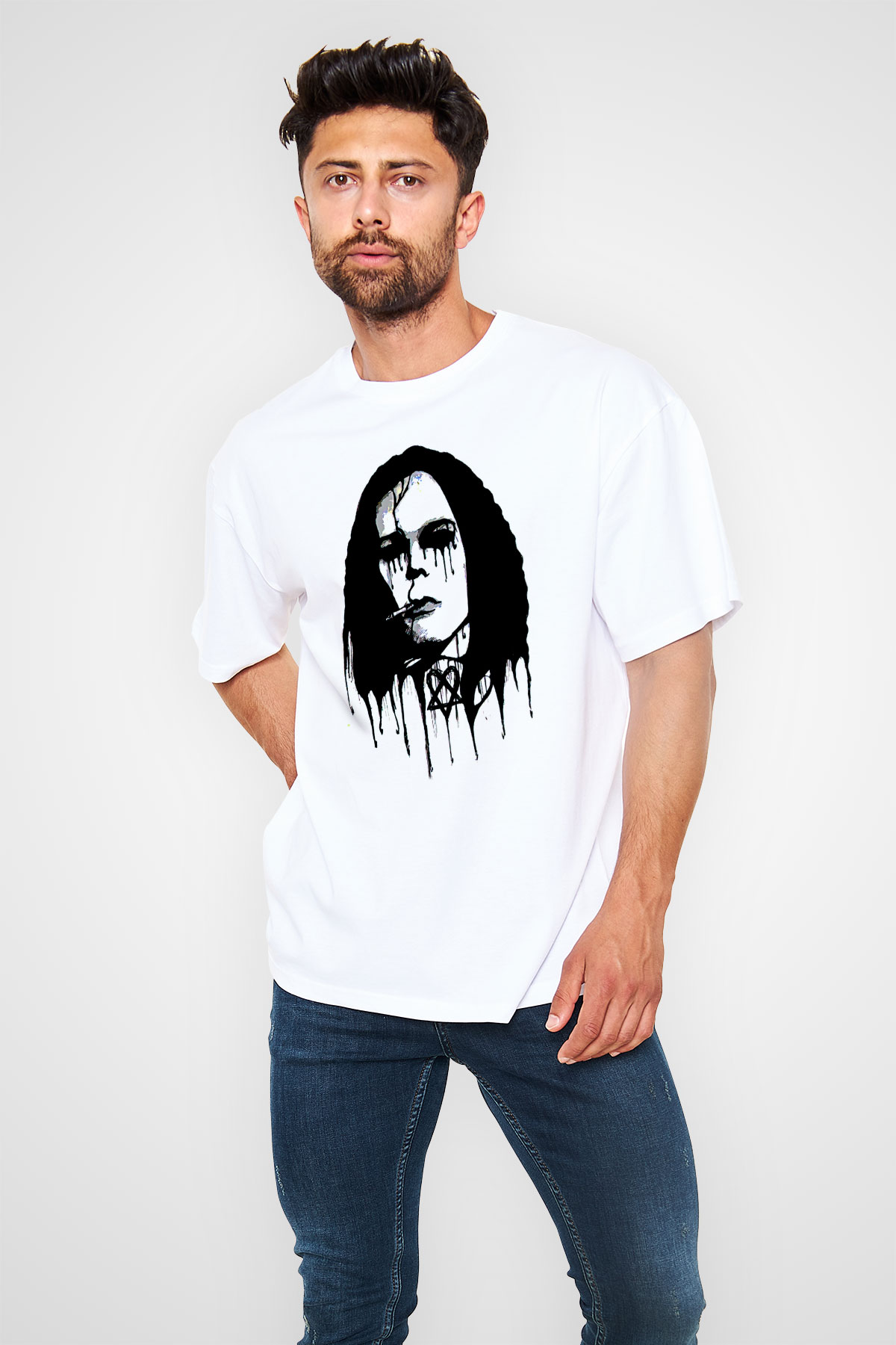 Ville Valo Baskılı Beyaz Unisex Oversize Tişört - Tshirt