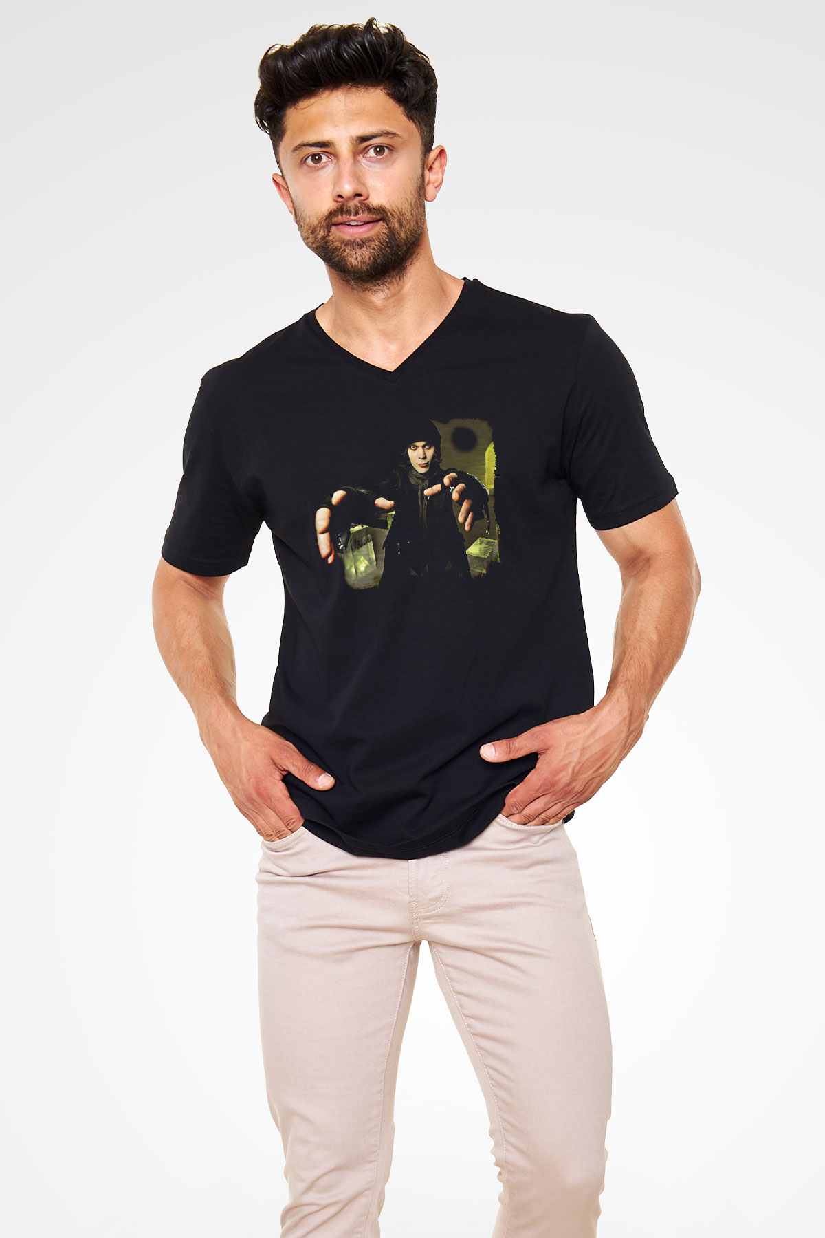 Ville Valo Baskılı Unisex Siyah V Yaka Tişört - Tshirt