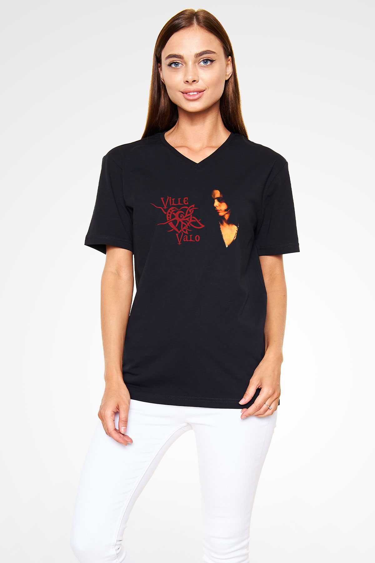 Ville Valo Baskılı Unisex Siyah V Yaka Tişört - Tshirt