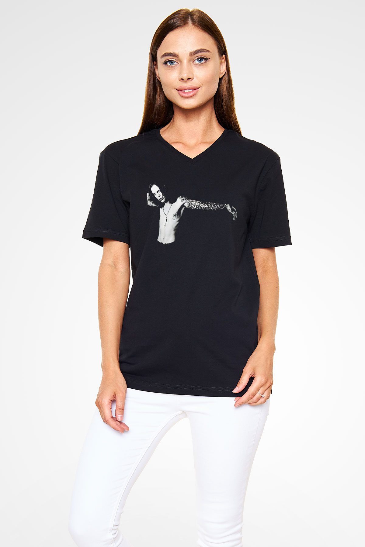 Ville Valo Baskılı Unisex Siyah V Yaka Tişört - Tshirt