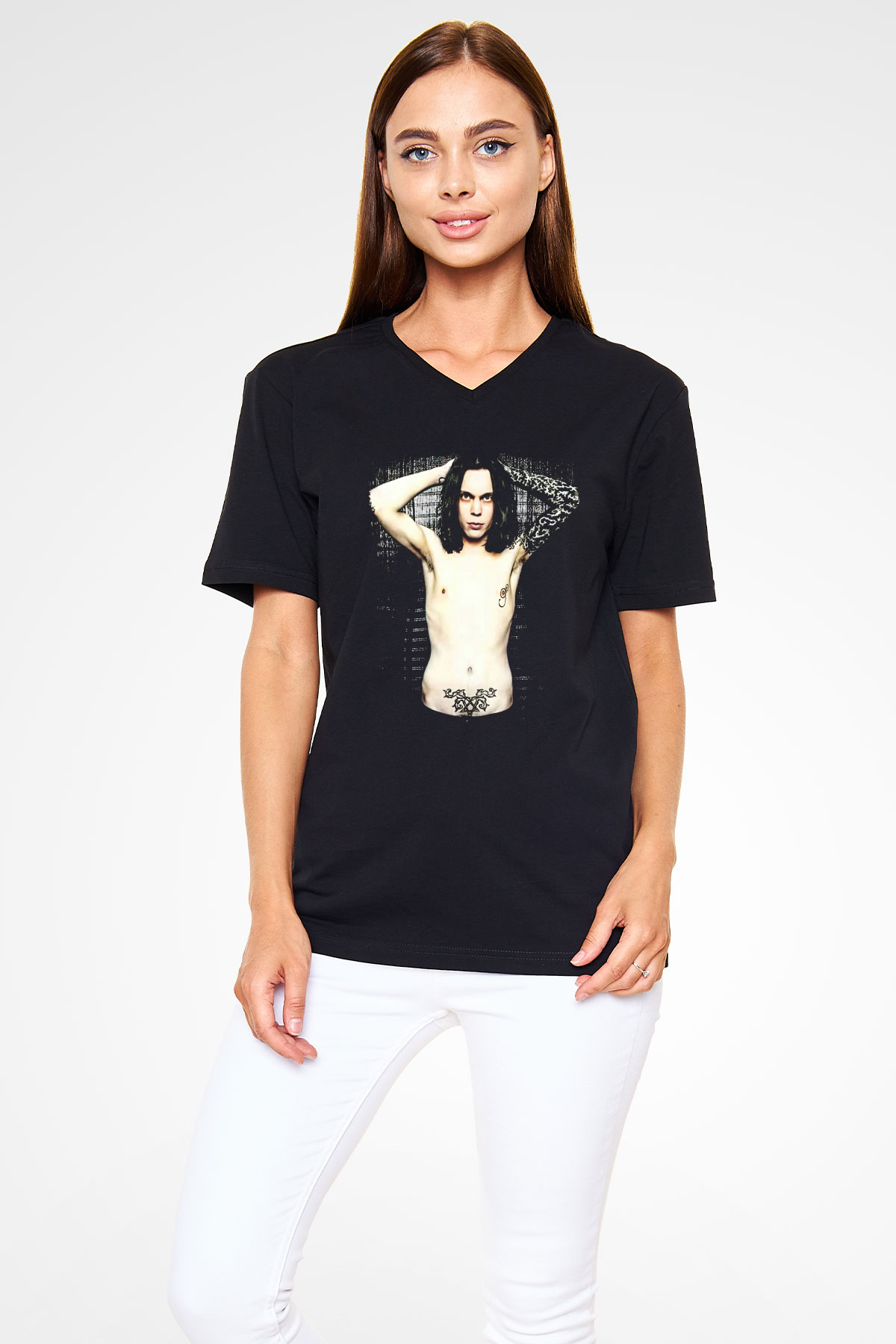 Ville Valo Baskılı Unisex Siyah V Yaka Tişört - Tshirt