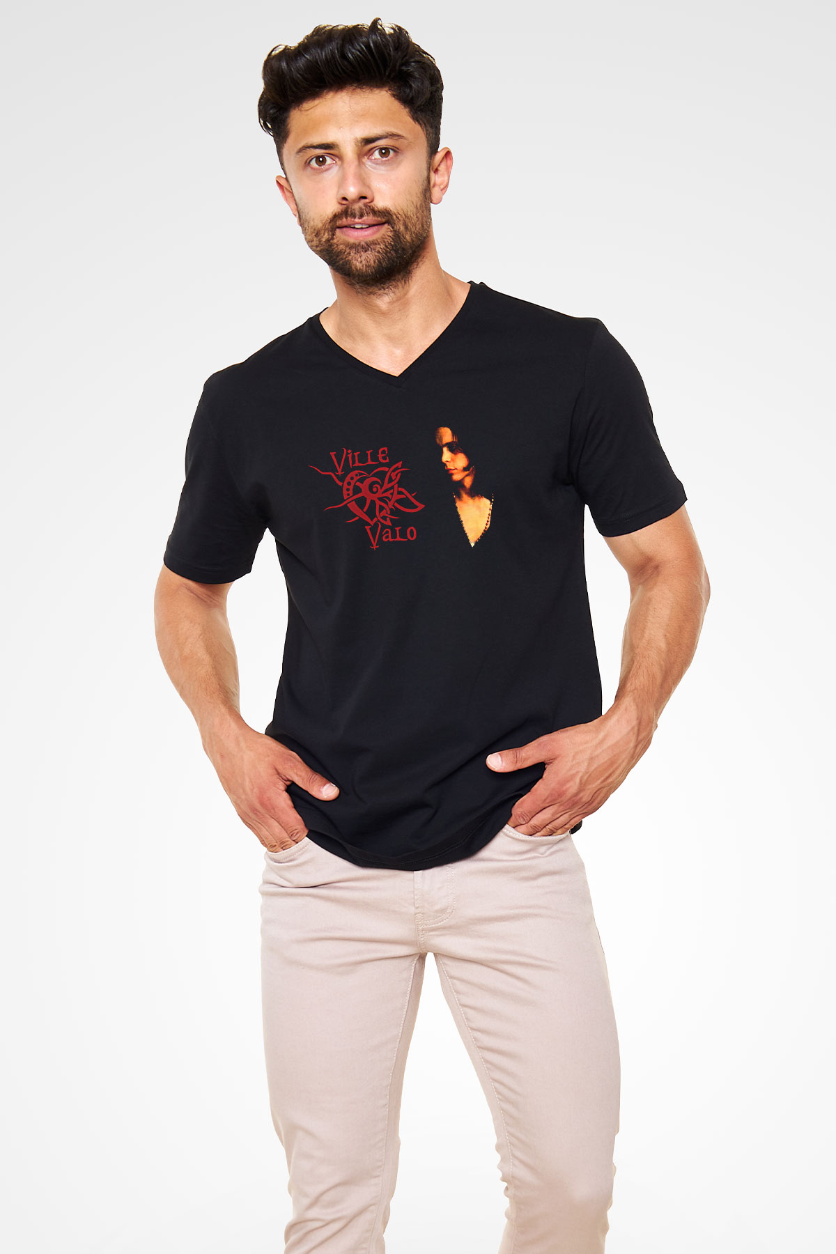 Ville Valo Baskılı Unisex Siyah V Yaka Tişört - Tshirt
