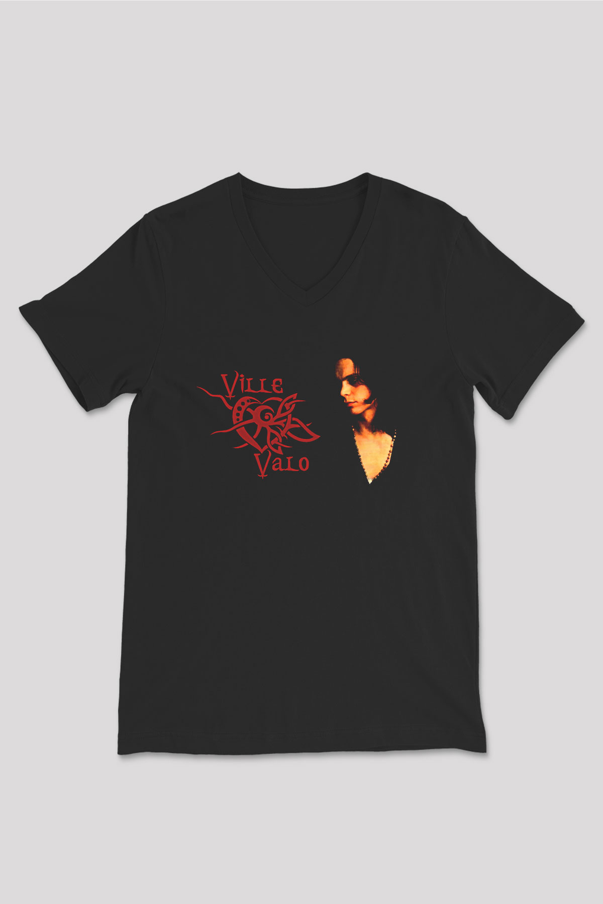 Ville Valo Baskılı Unisex Siyah V Yaka Tişört - Tshirt