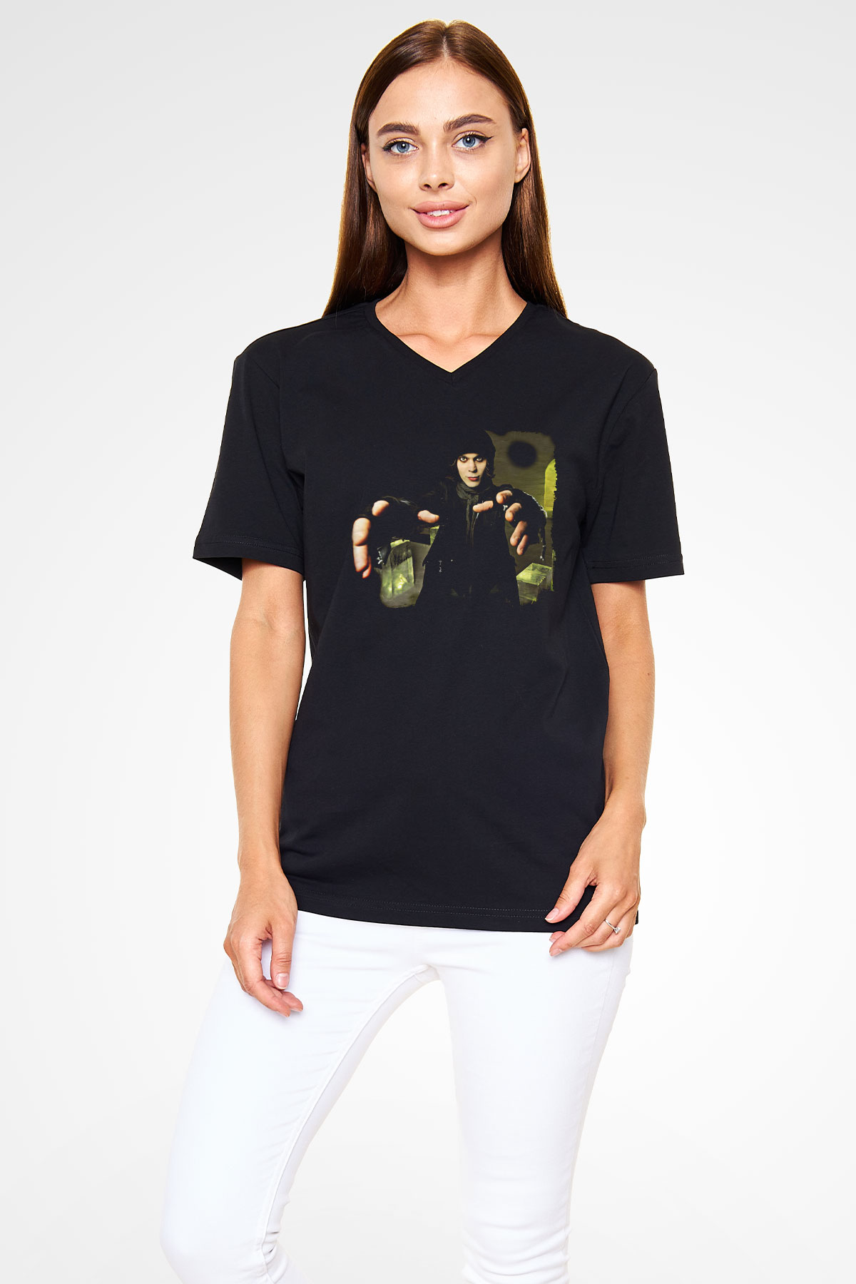Ville Valo Baskılı Unisex Siyah V Yaka Tişört - Tshirt