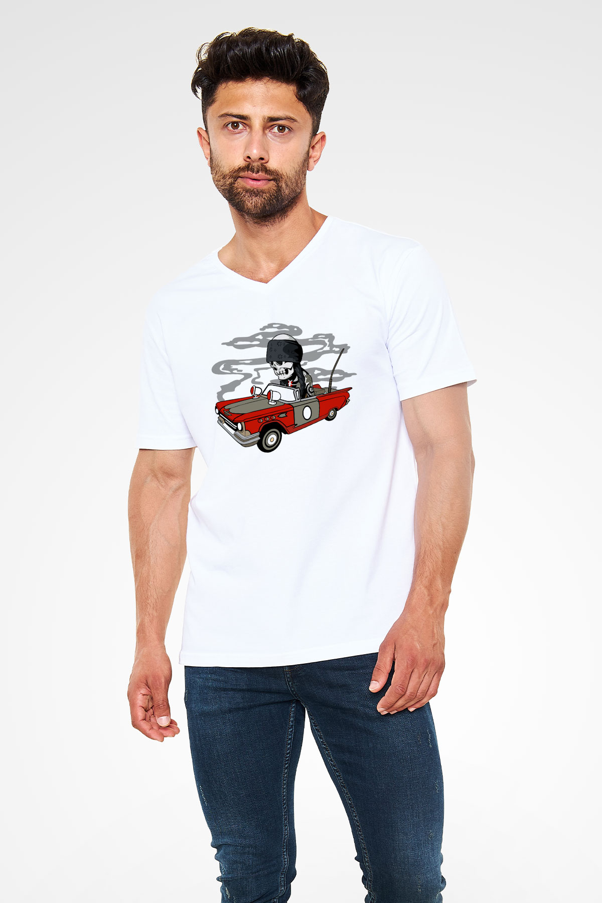 Vintage İskelet Sürücü Baskılı Unisex Beyaz V Yaka Tişört