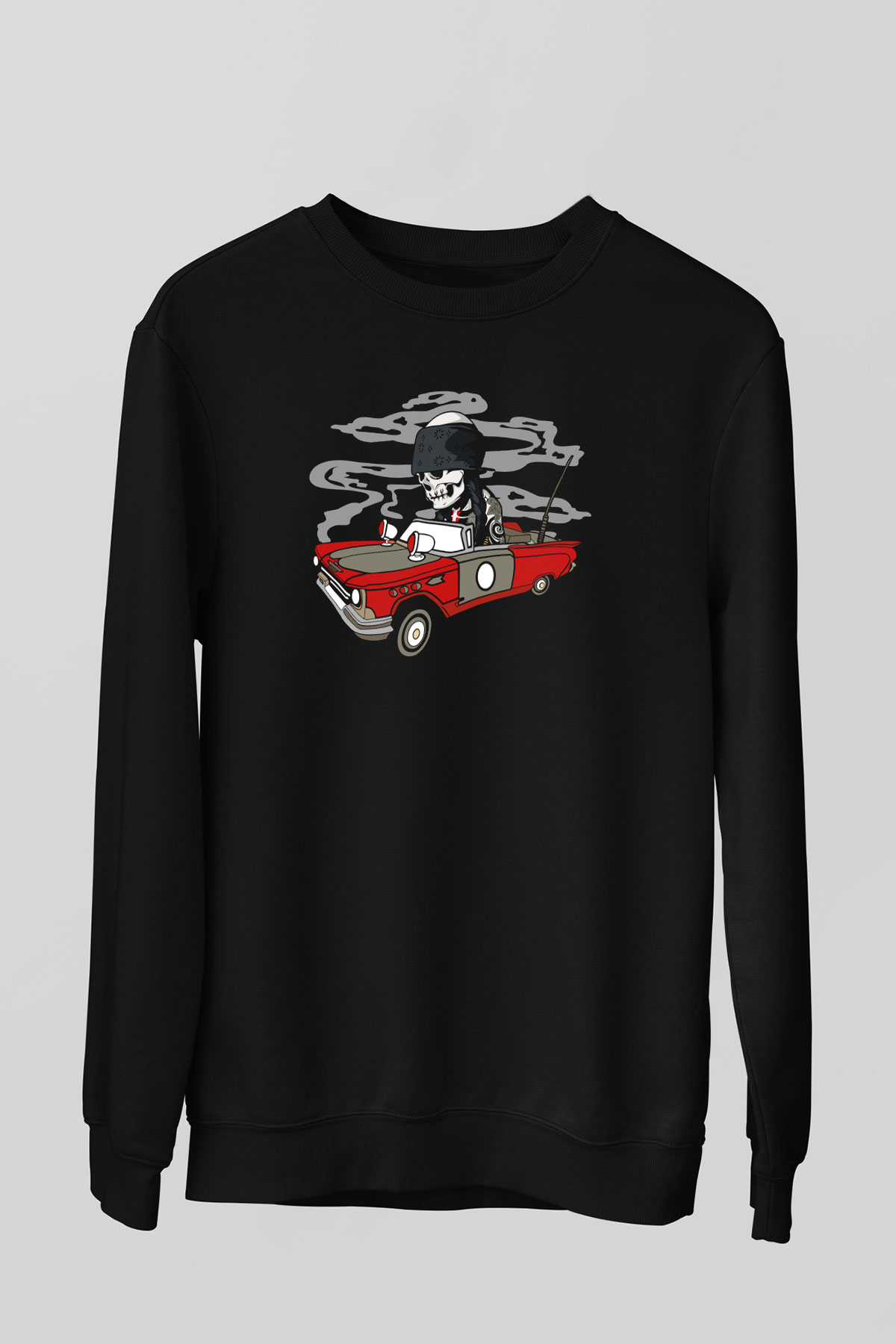 Vintage İskelet Sürücü Baskılı Unisex Siyah Sweatshirt