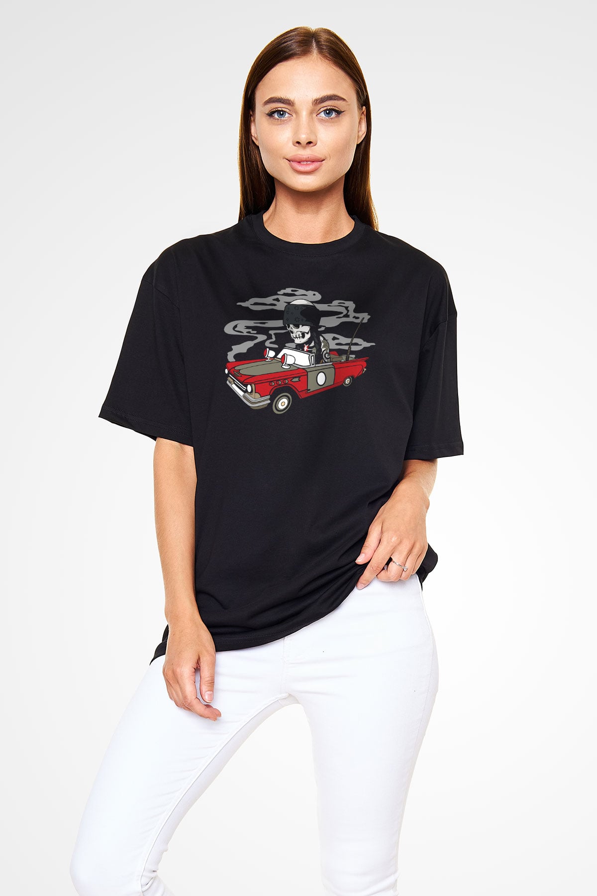 Vintage İskelet Sürücü Baskılı Unisex Siyah Oversize Tişört