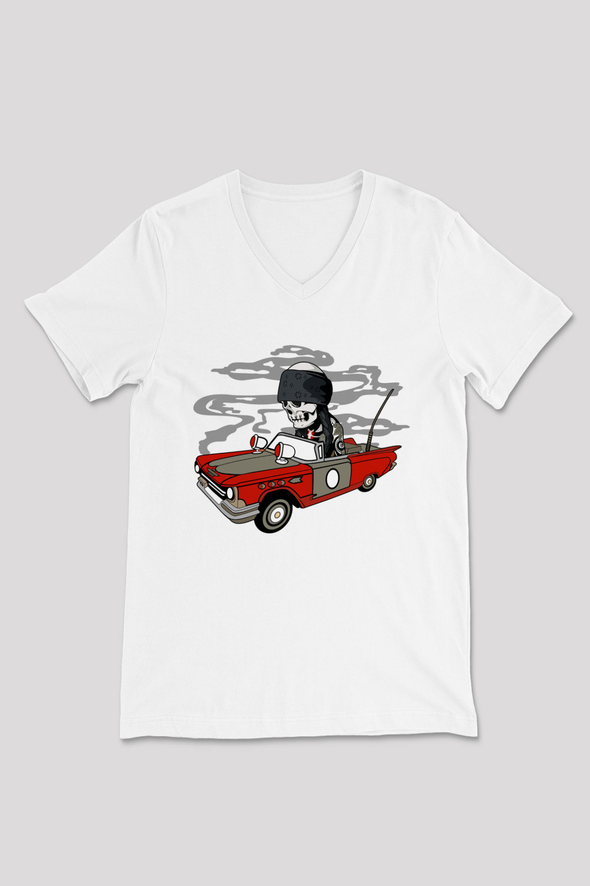 Vintage İskelet Sürücü Baskılı Unisex Beyaz V Yaka Tişört