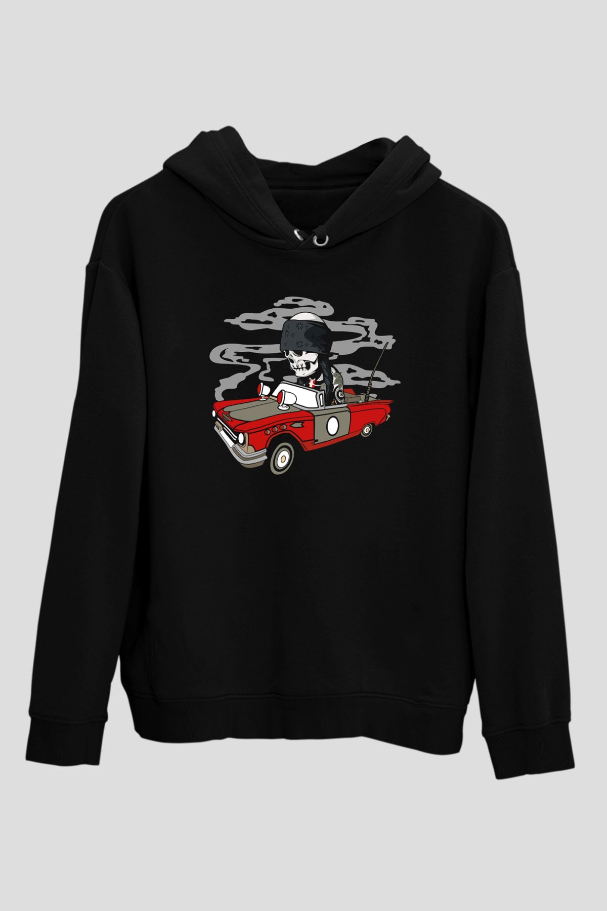 Vintage İskelet Sürücü Baskılı Unisex Siyah Hoodie
