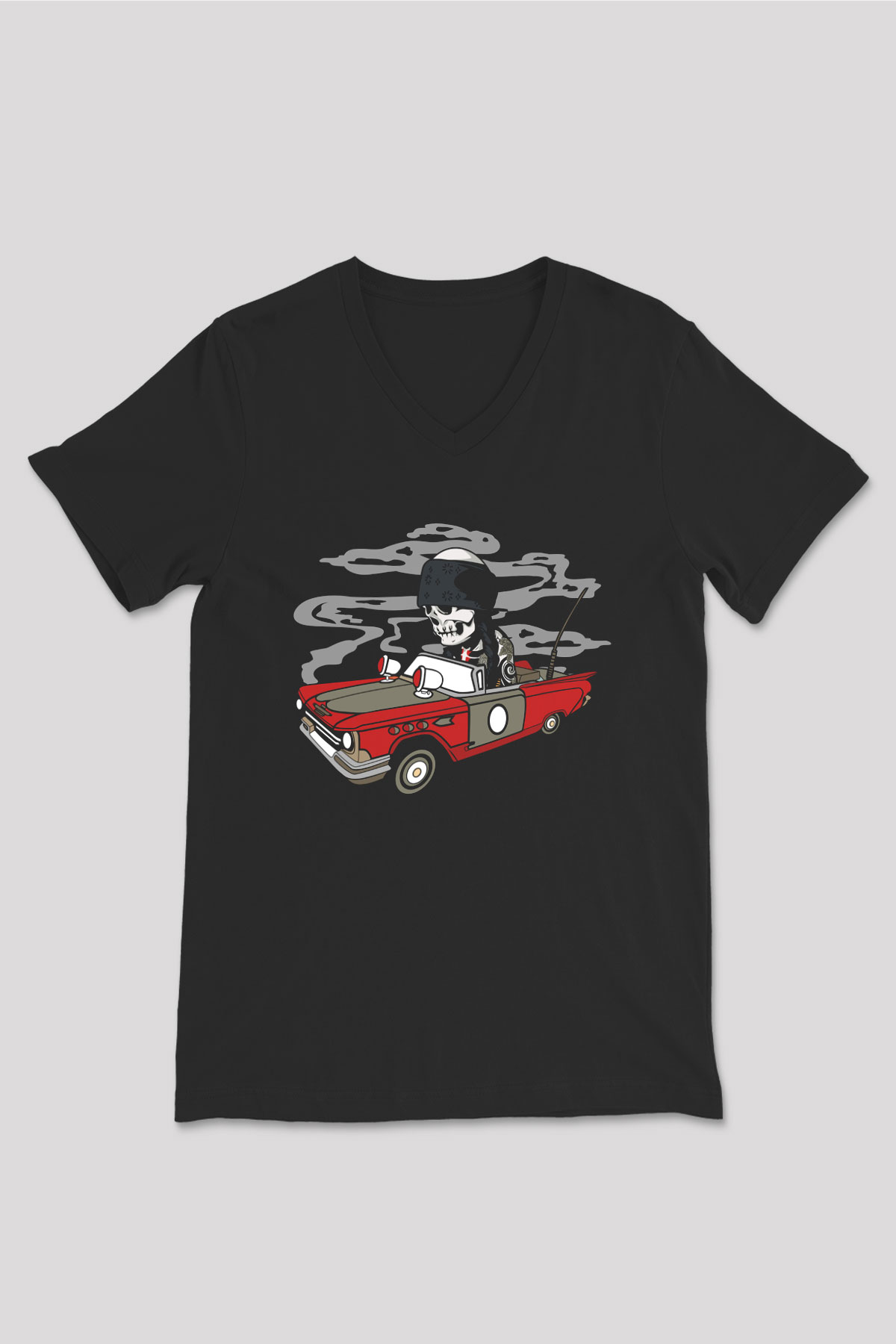Vintage İskelet Sürücü Baskılı Unisex Siyah V Yaka Tişört