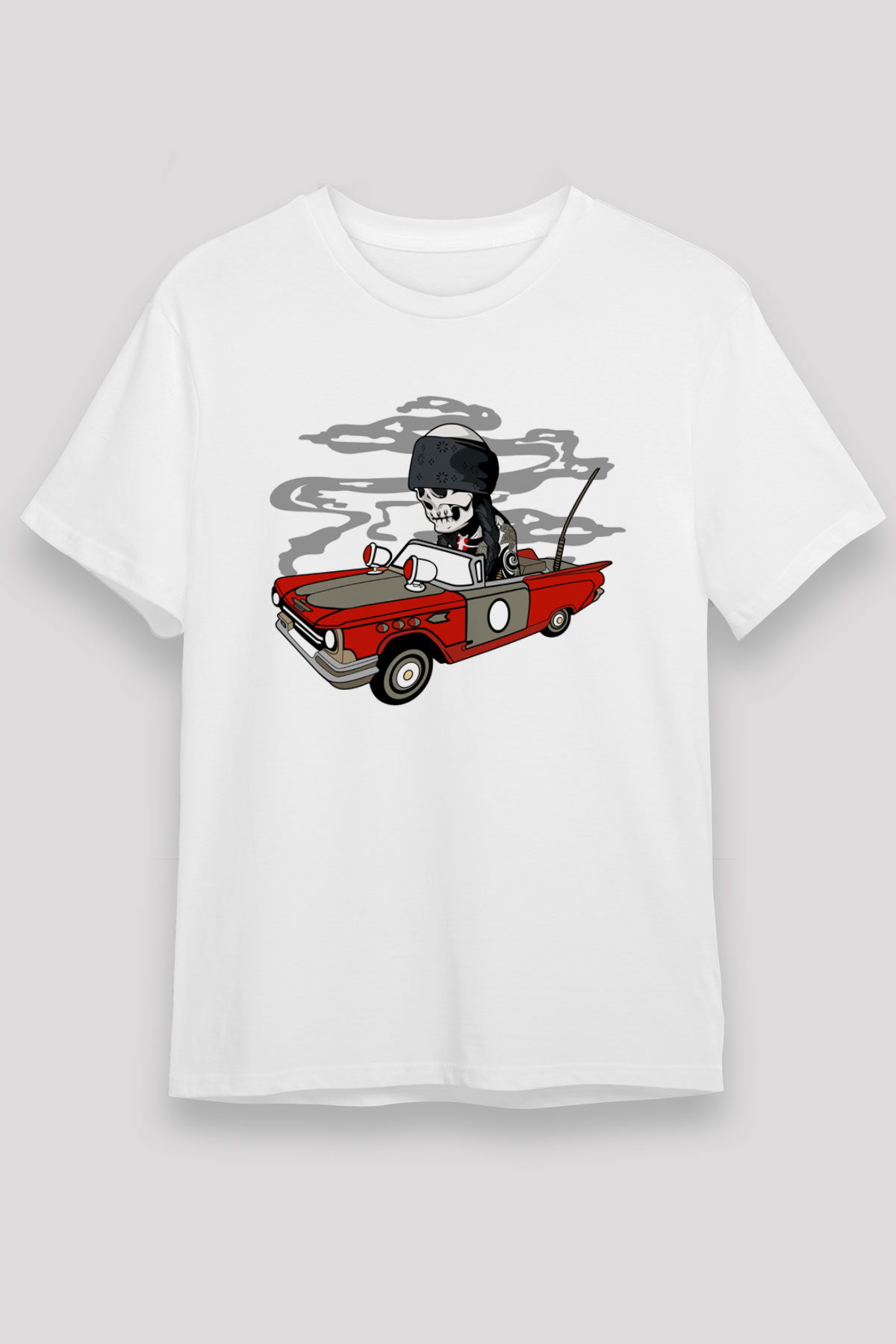 Vintage İskelet Sürücü Baskılı Unisex Beyaz Tişört