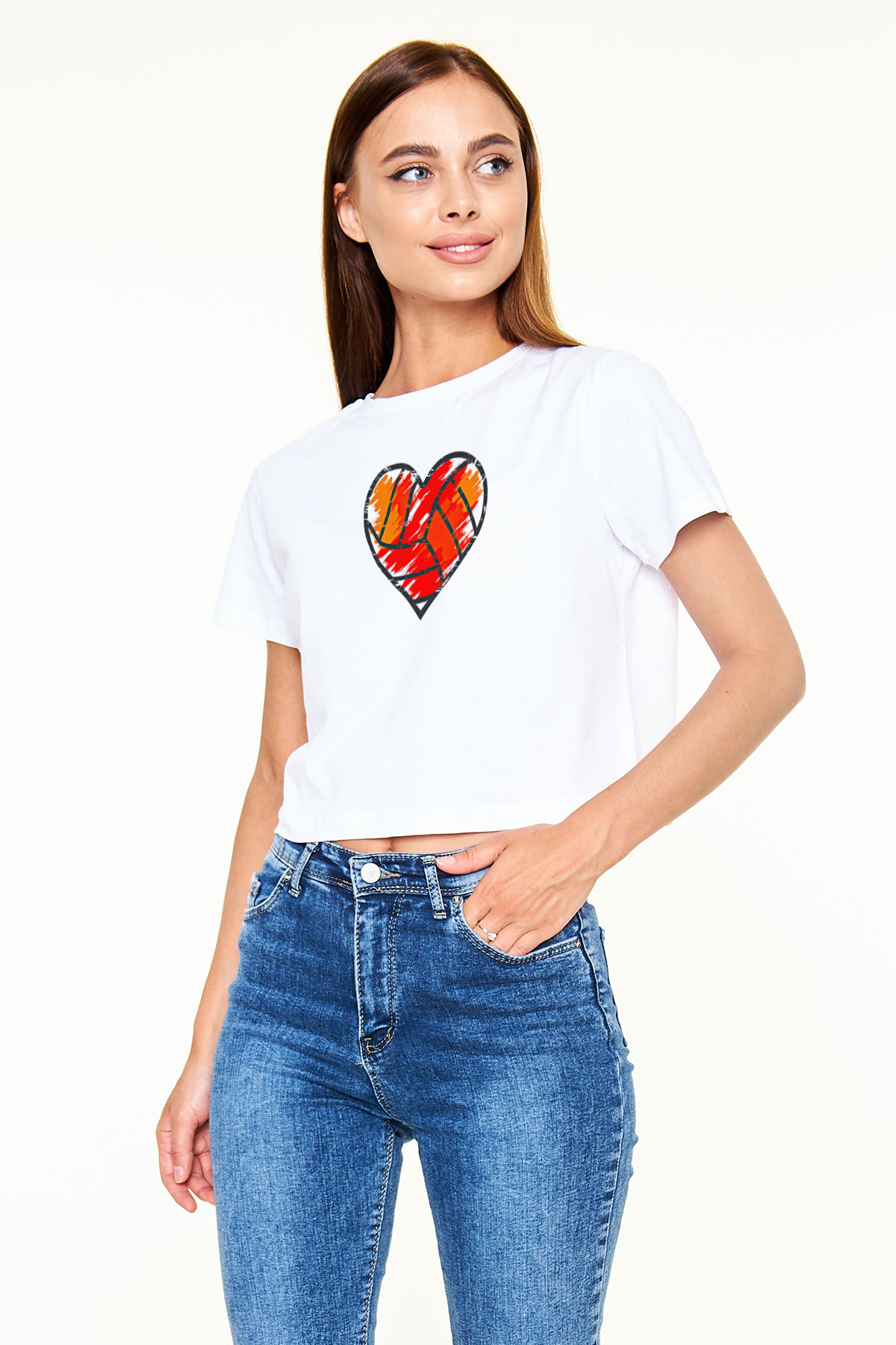 Voleybol Baskılı Crop Top Beyaz Tişört - T-shirt