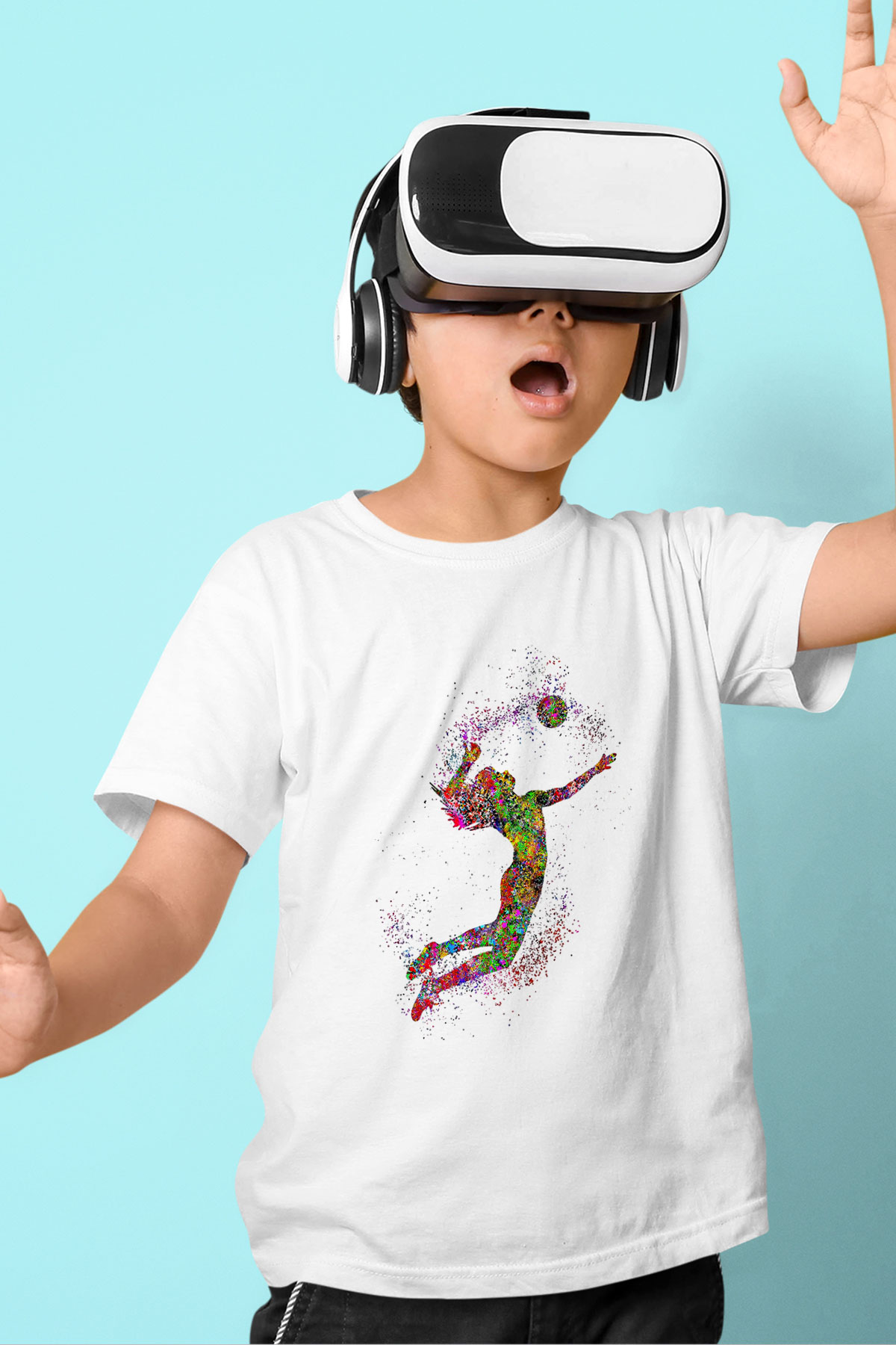 Voleybol Baskılı Unisex Beyaz Çocuk Tişört - Tshirt