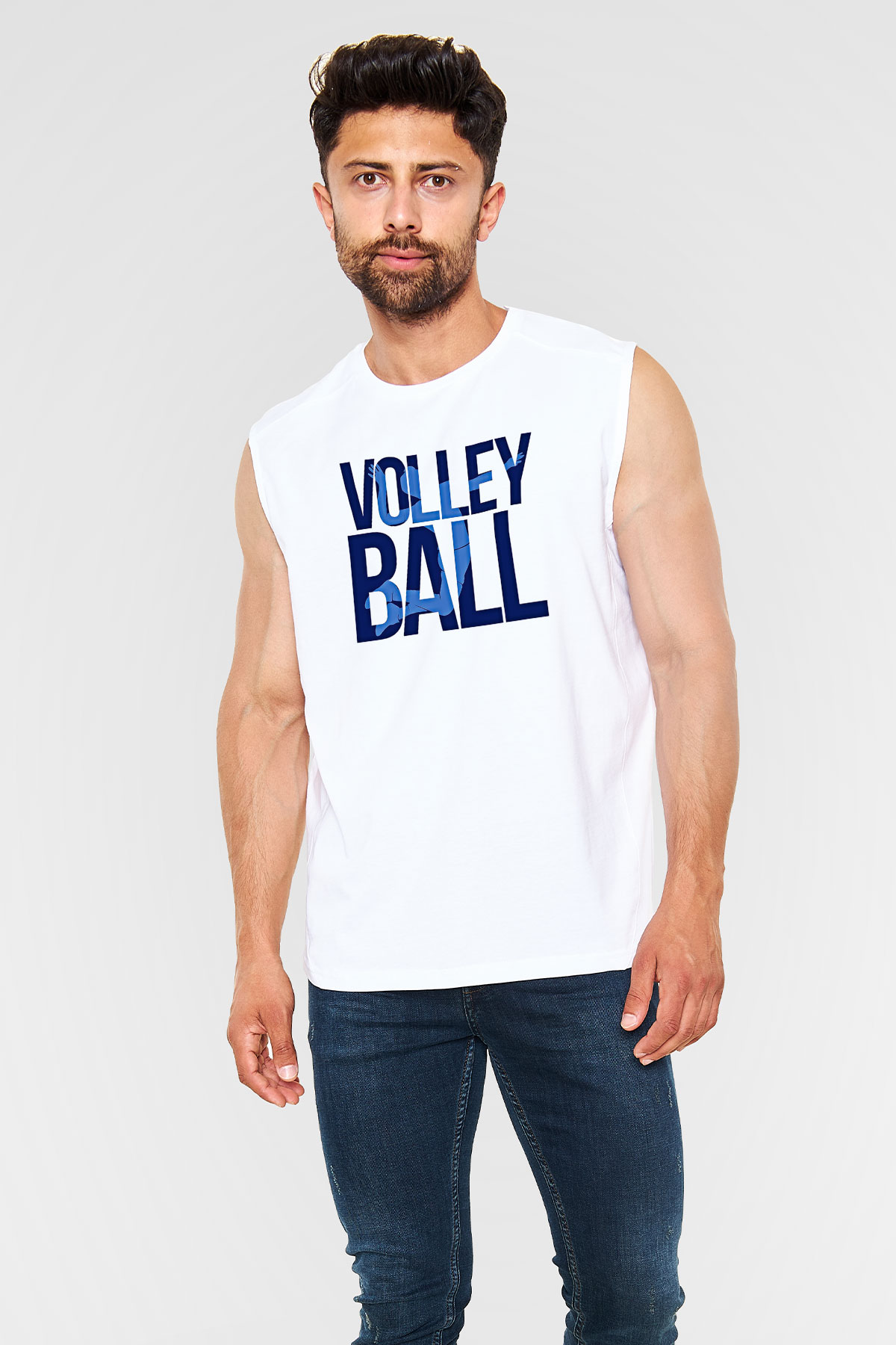 Voleybol Baskılı Unisex Kolsuz Beyaz Tişört