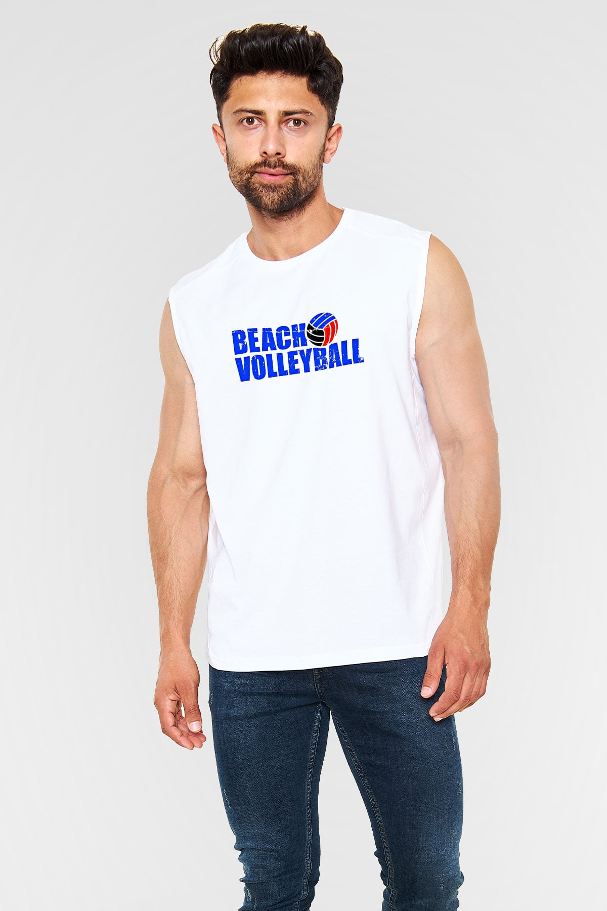 Voleybol Baskılı Unisex Kolsuz Beyaz Tişört