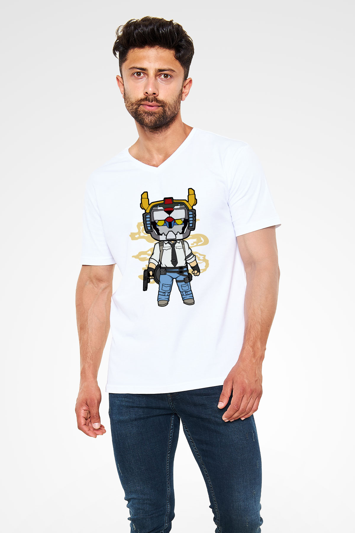 Voltron Pub-G Baskılı Unisex Beyaz V Yaka Tişört