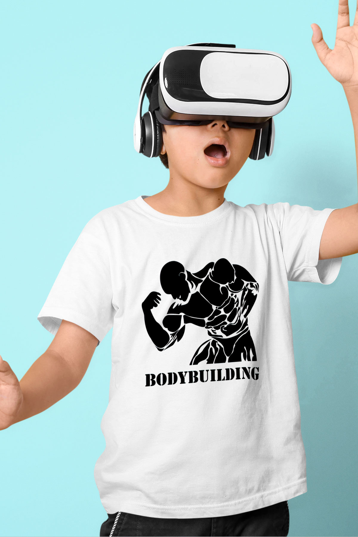 Vücut geliştirme Baskılı Beyaz Unisex Çocuk Tişört