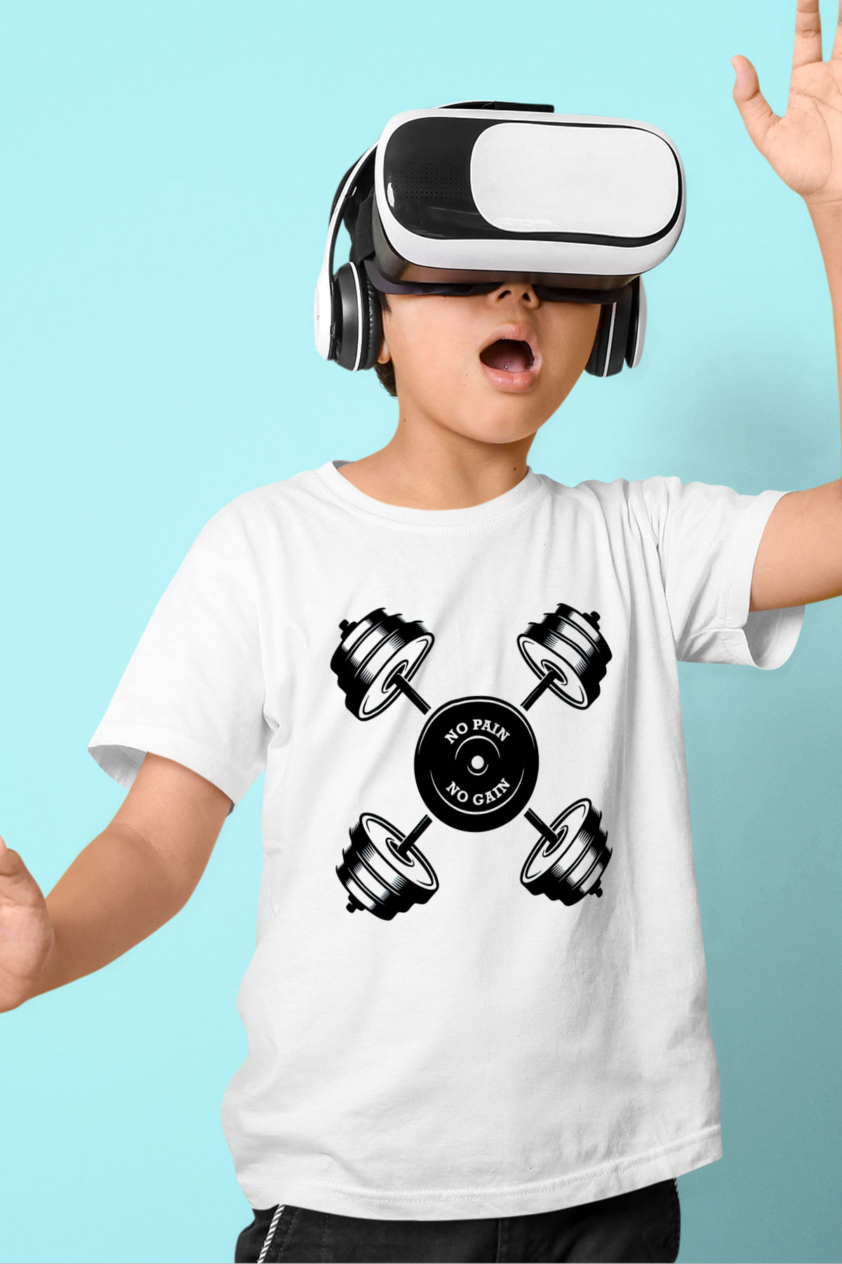 Vücut geliştirme Baskılı Beyaz Unisex Çocuk Tişört