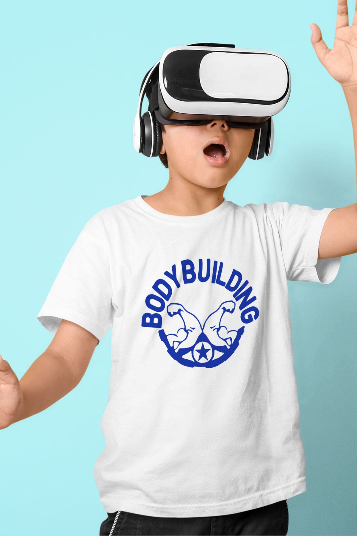 Vücut geliştirme Baskılı Beyaz Unisex Çocuk Tişört