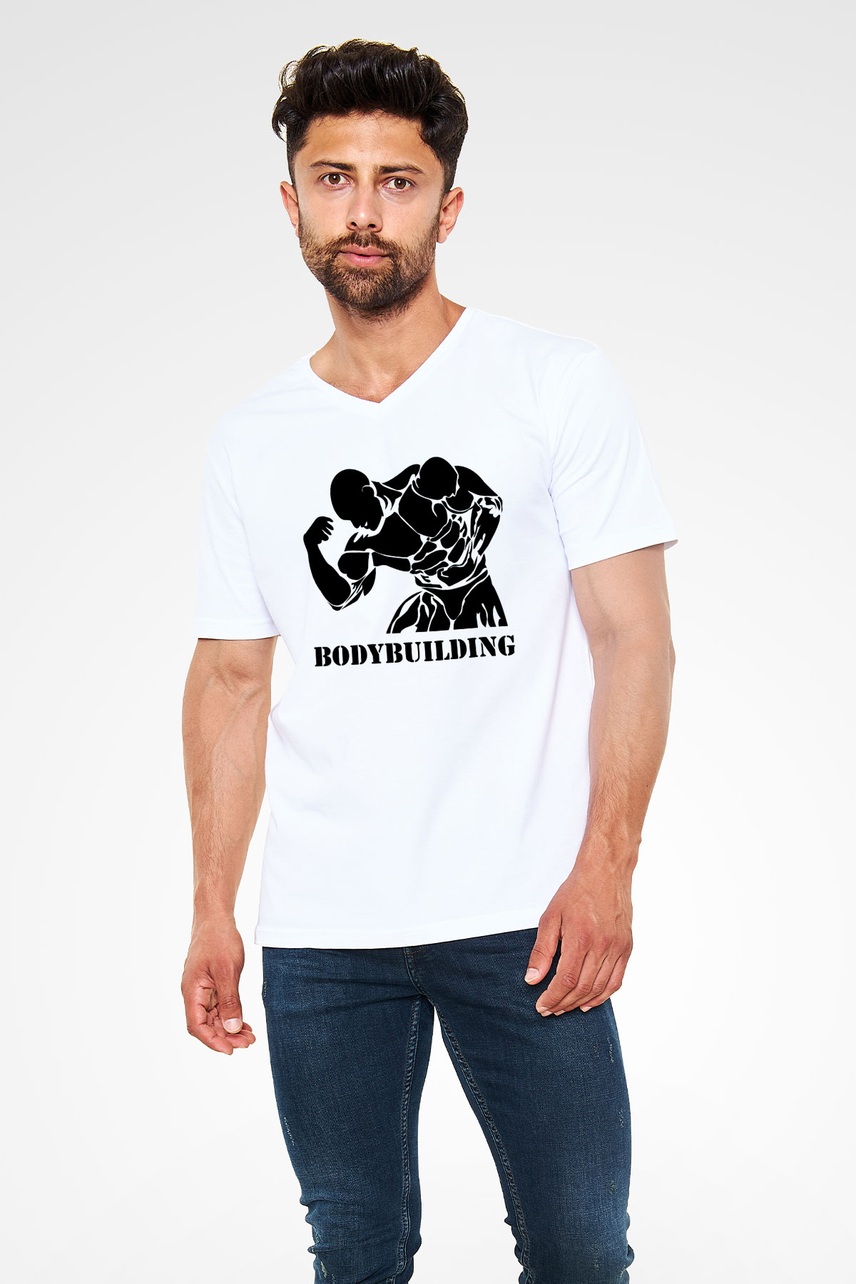 Vücut geliştirme Beyaz Unisex V Yaka Tişört T-Shirt