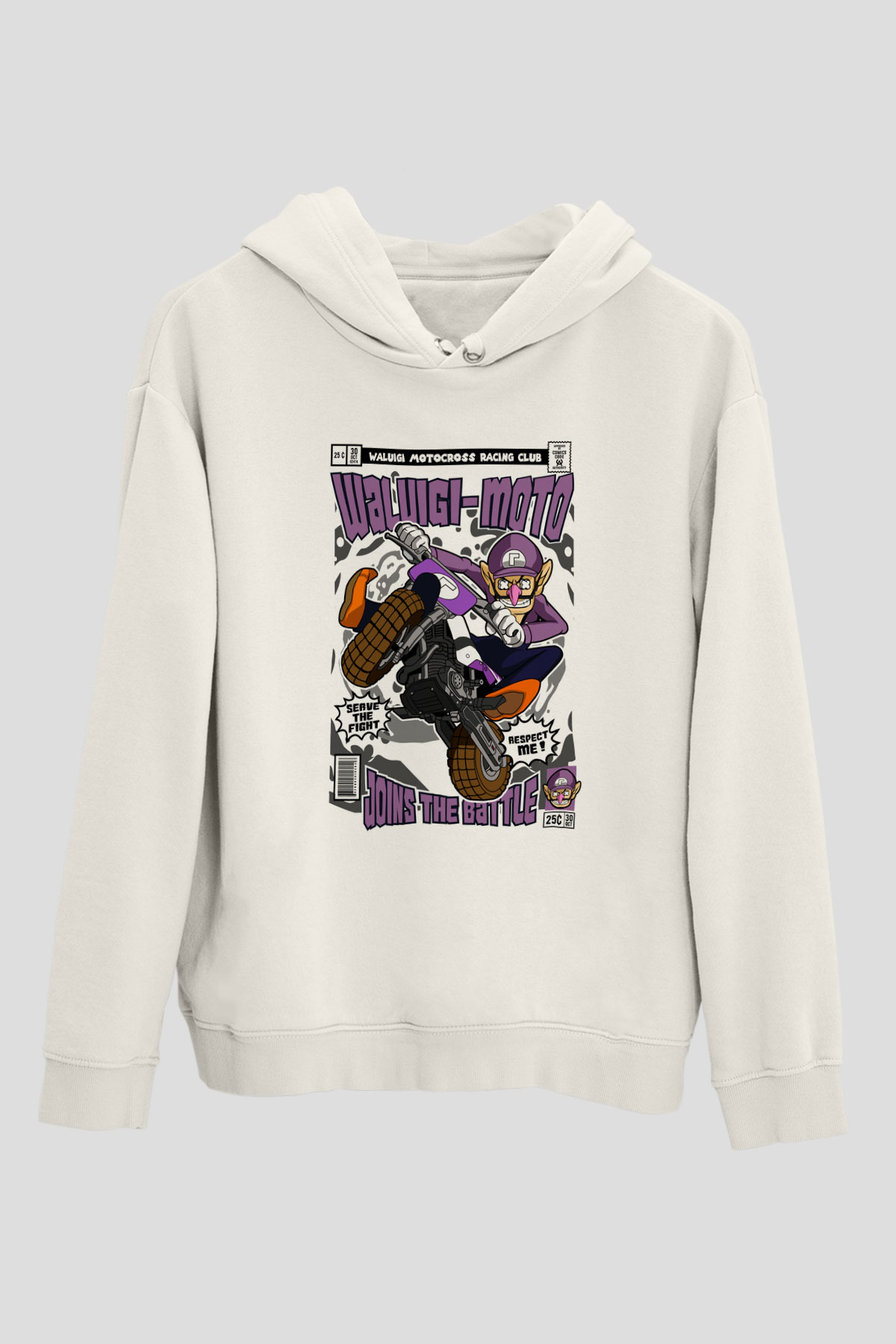 Waluigi-Moto Baskılı Unisex Beyaz Hoodie
