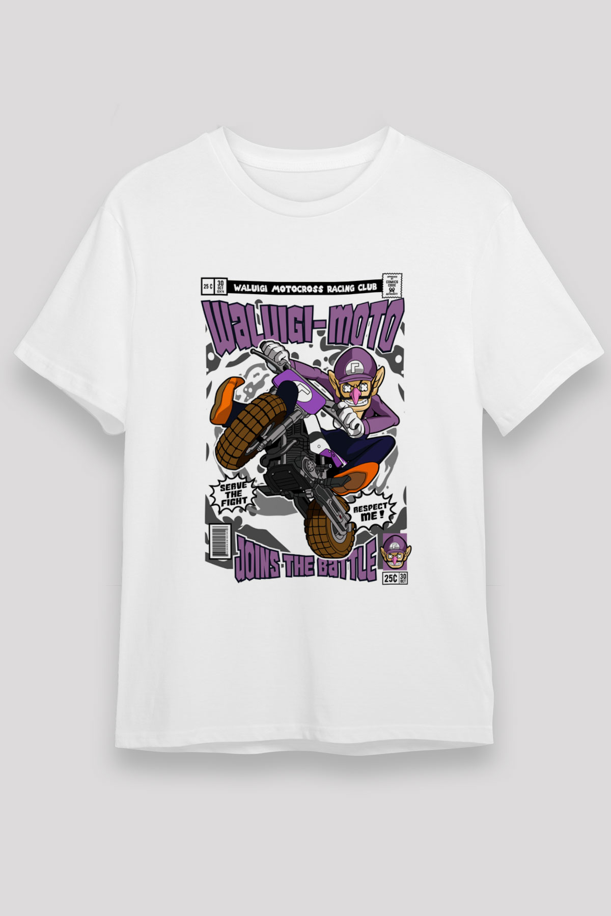 Waluigi-Moto Baskılı Unisex Beyaz Tişört
