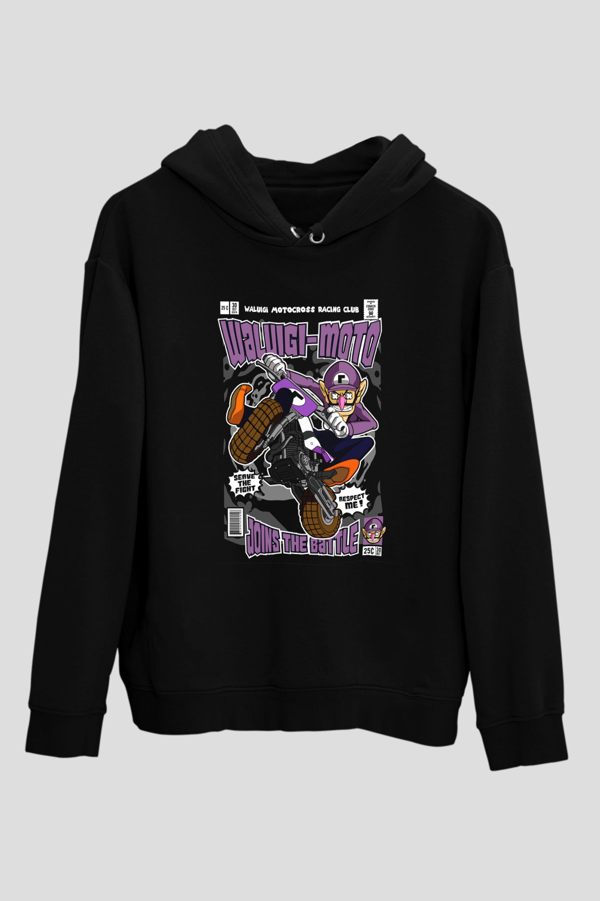 Waluigi Motocross Baskılı Unisex Siyah Hoodie