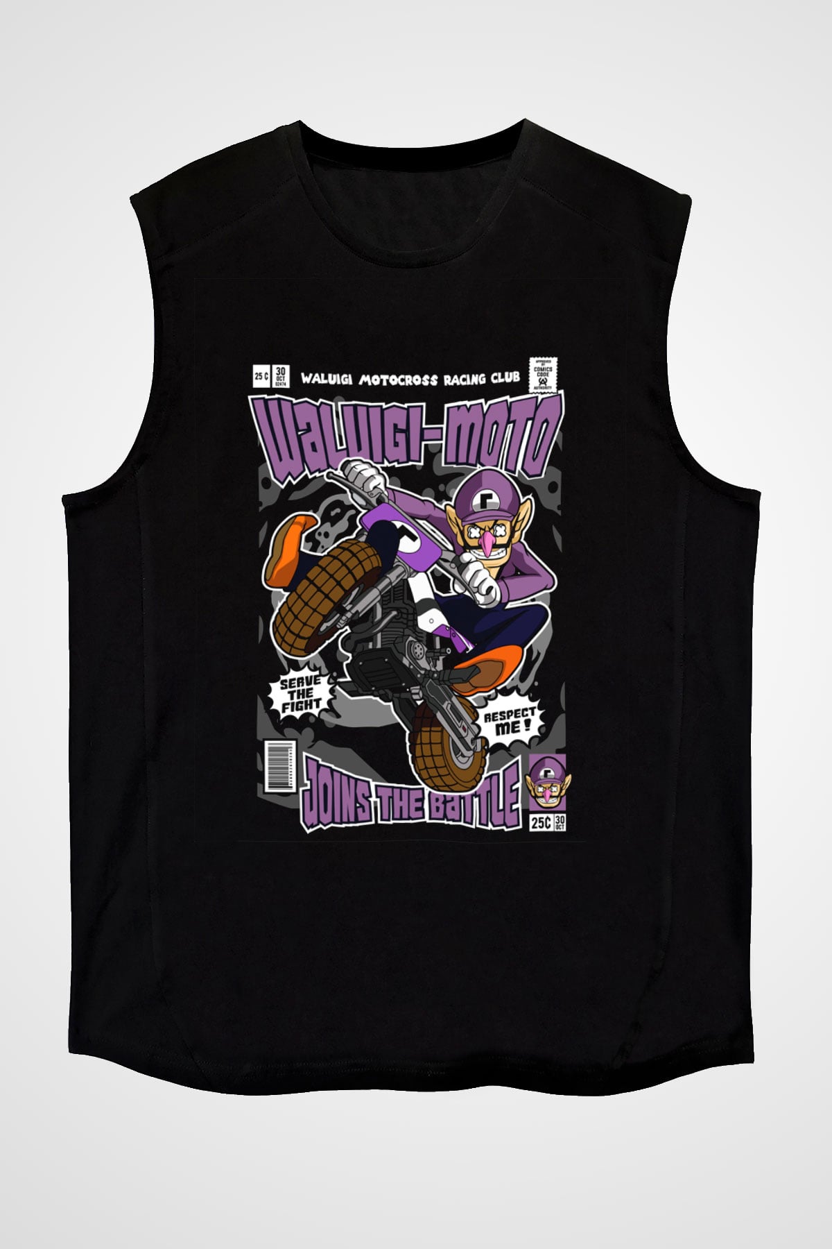Waluigi Motocross Baskılı Unisex Siyah Kolsuz Tişört