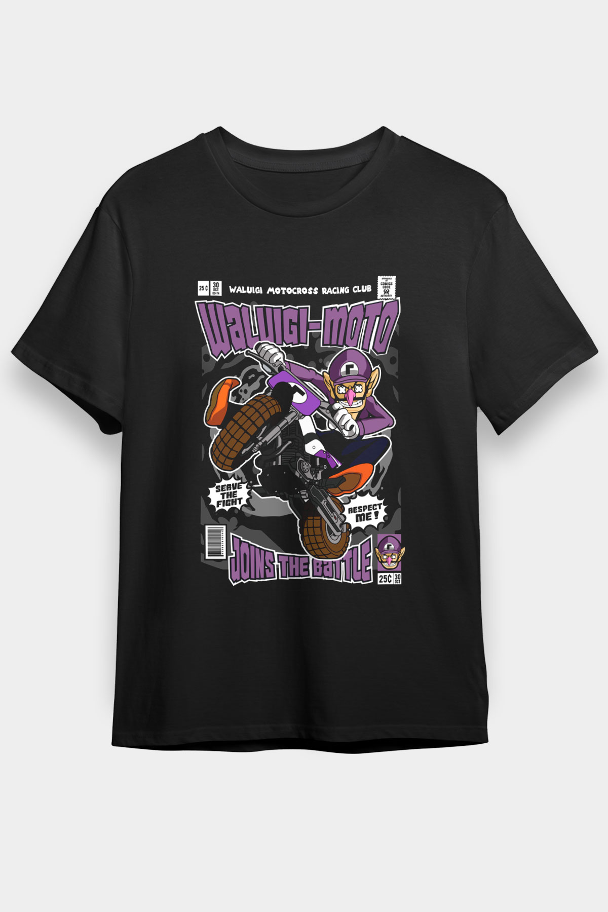 Waluigi Motocross Baskılı Unisex Siyah Tişört