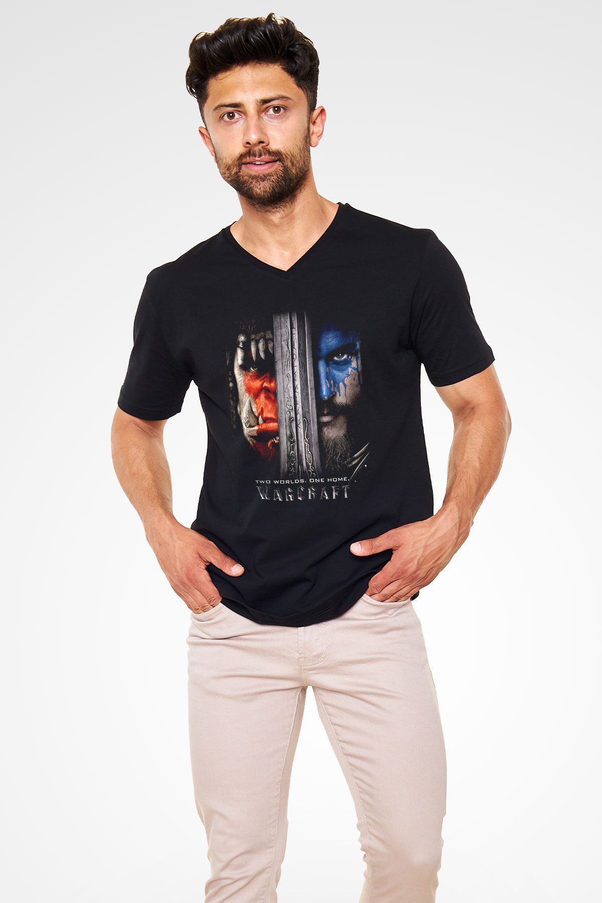 Warcraft Siyah Unisex V Yaka Tişört T-Shirt