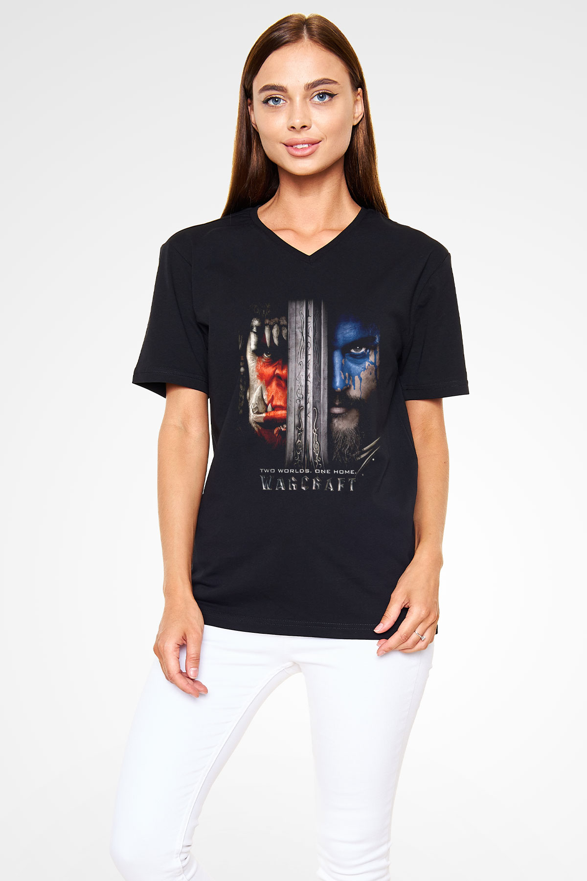 Warcraft Siyah Unisex V Yaka Tişört T-Shirt