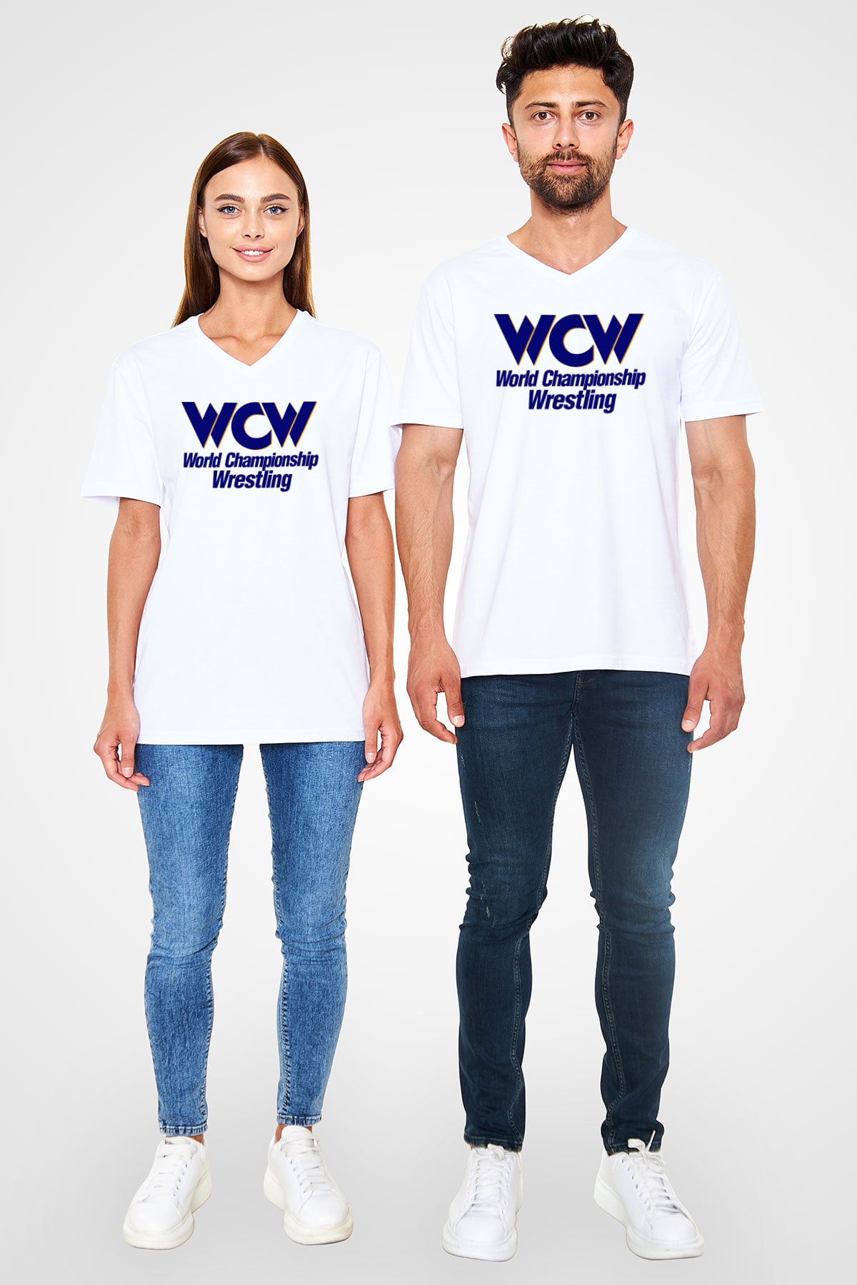 WCW Beyaz Unisex  V Yaka Tişört