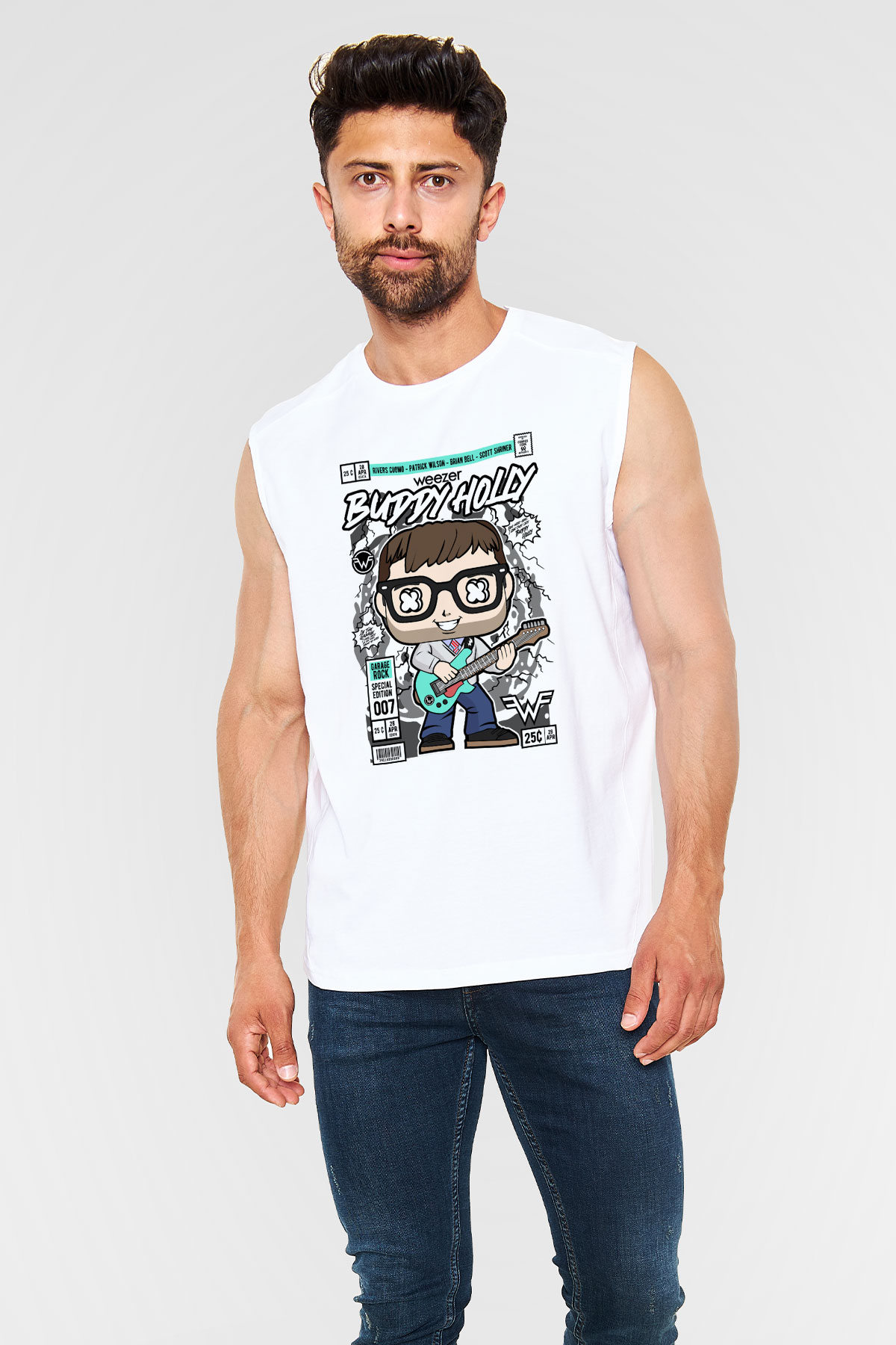 Weezer Buddy Holly Baskılı Unisex Beyaz Kolsuz Tişört
