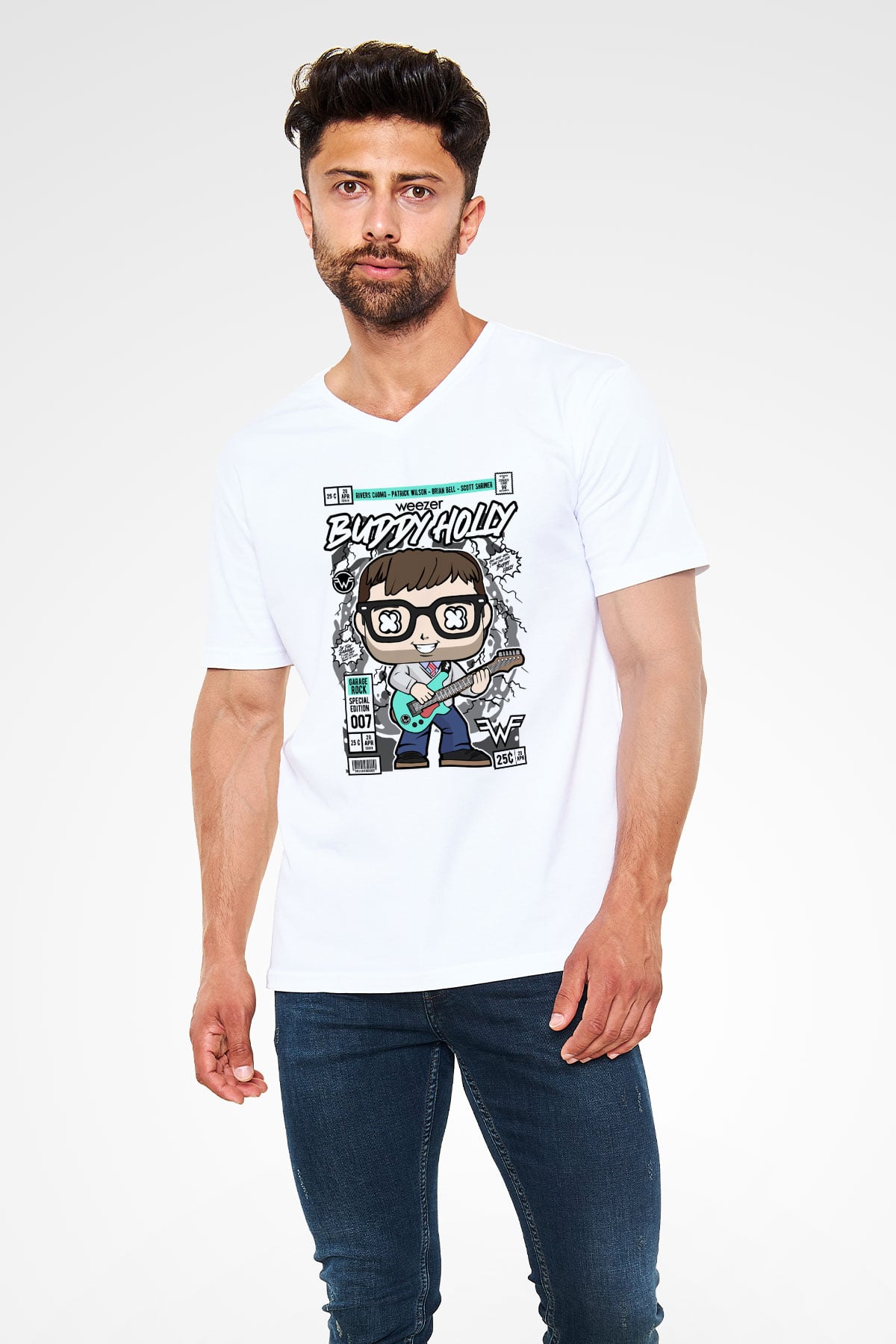Weezer Buddy Holly Baskılı Unisex Beyaz V Yaka Tişört