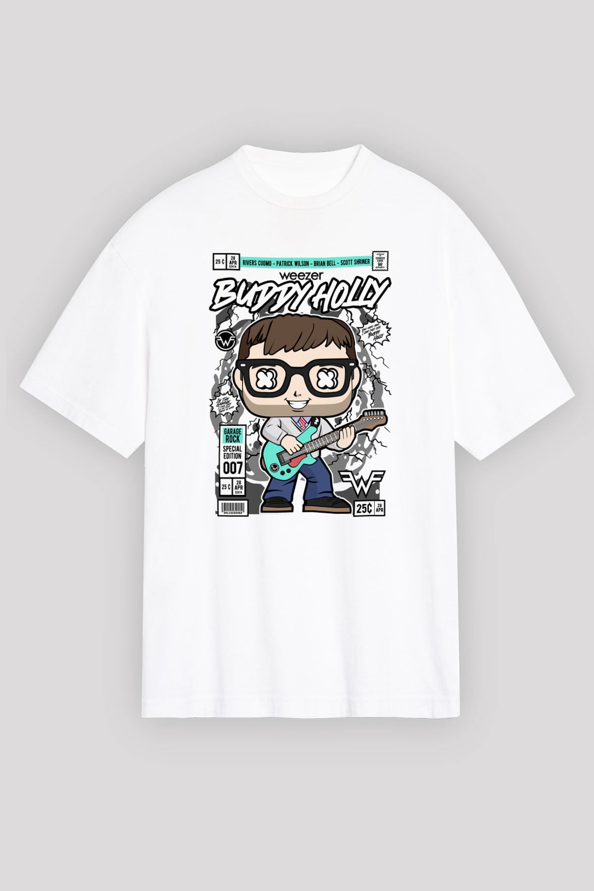 Weezer Buddy Holly Baskılı Unisex Beyaz Oversize Tişört