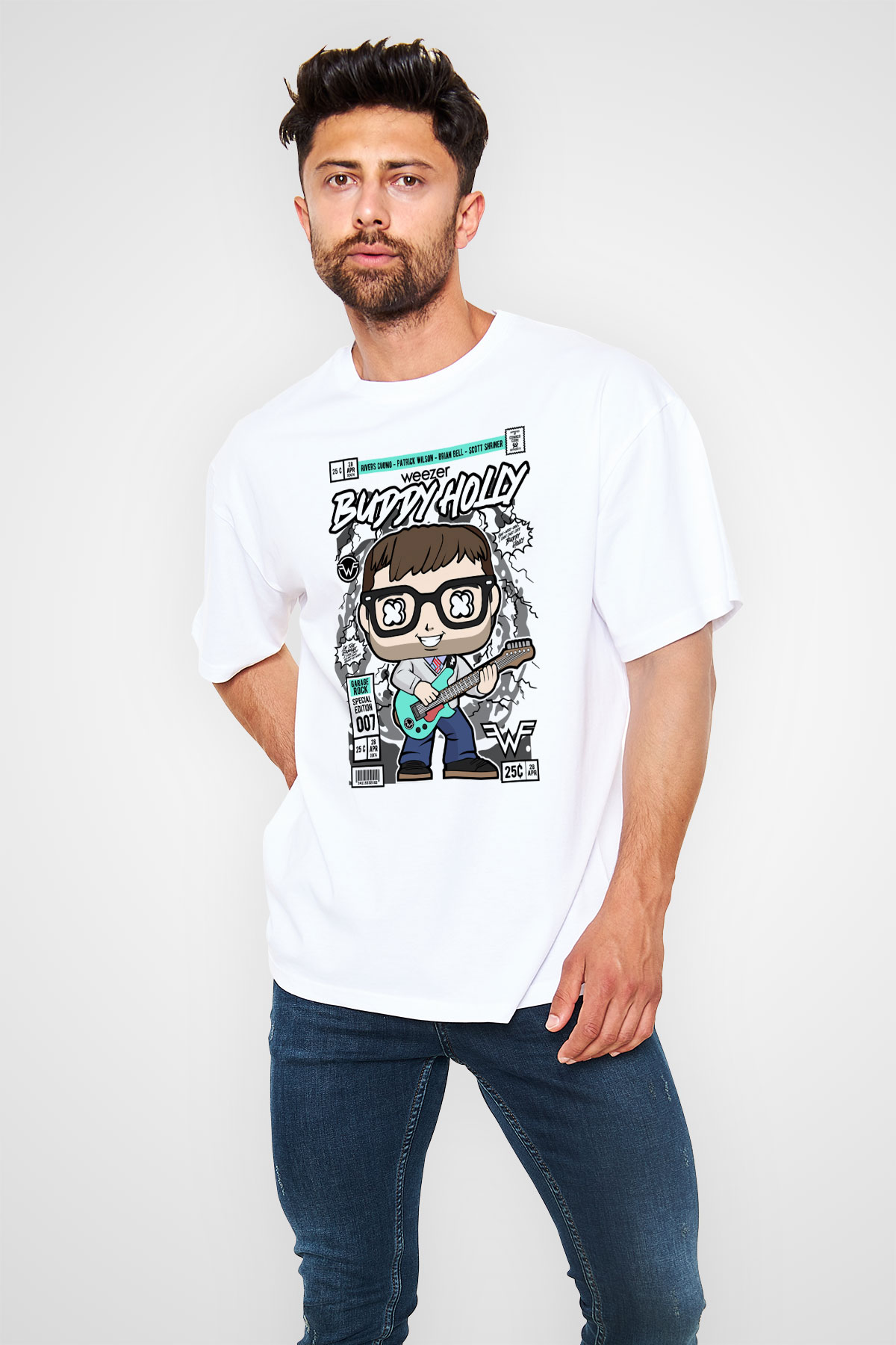 Weezer Buddy Holly Baskılı Unisex Beyaz Oversize Tişört