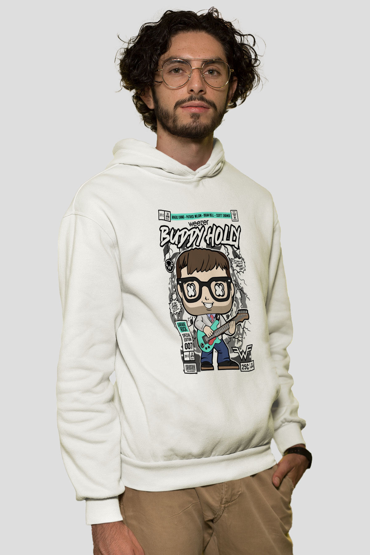 Weezer Buddy Holly Baskılı Unisex Beyaz Hoodie