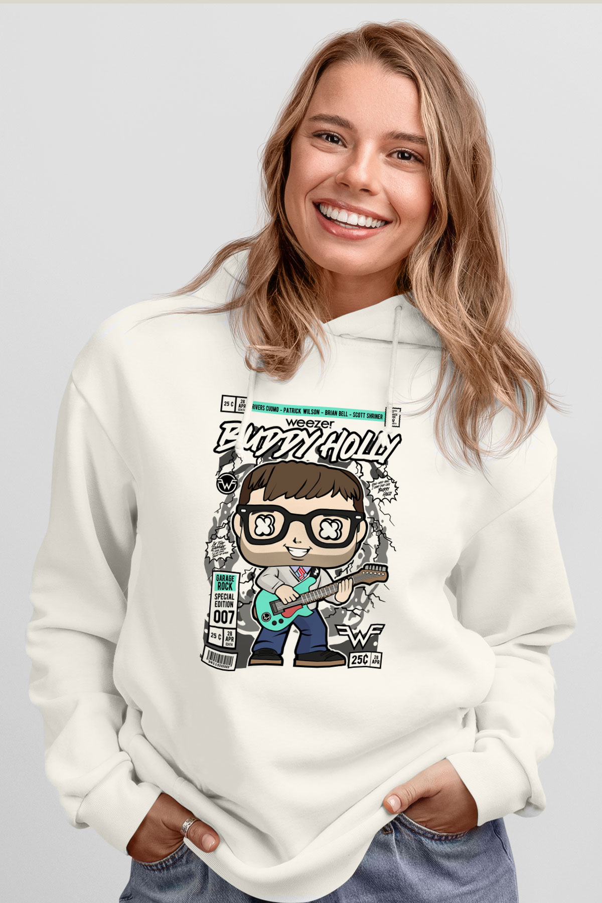 Weezer Buddy Holly Baskılı Unisex Beyaz Hoodie
