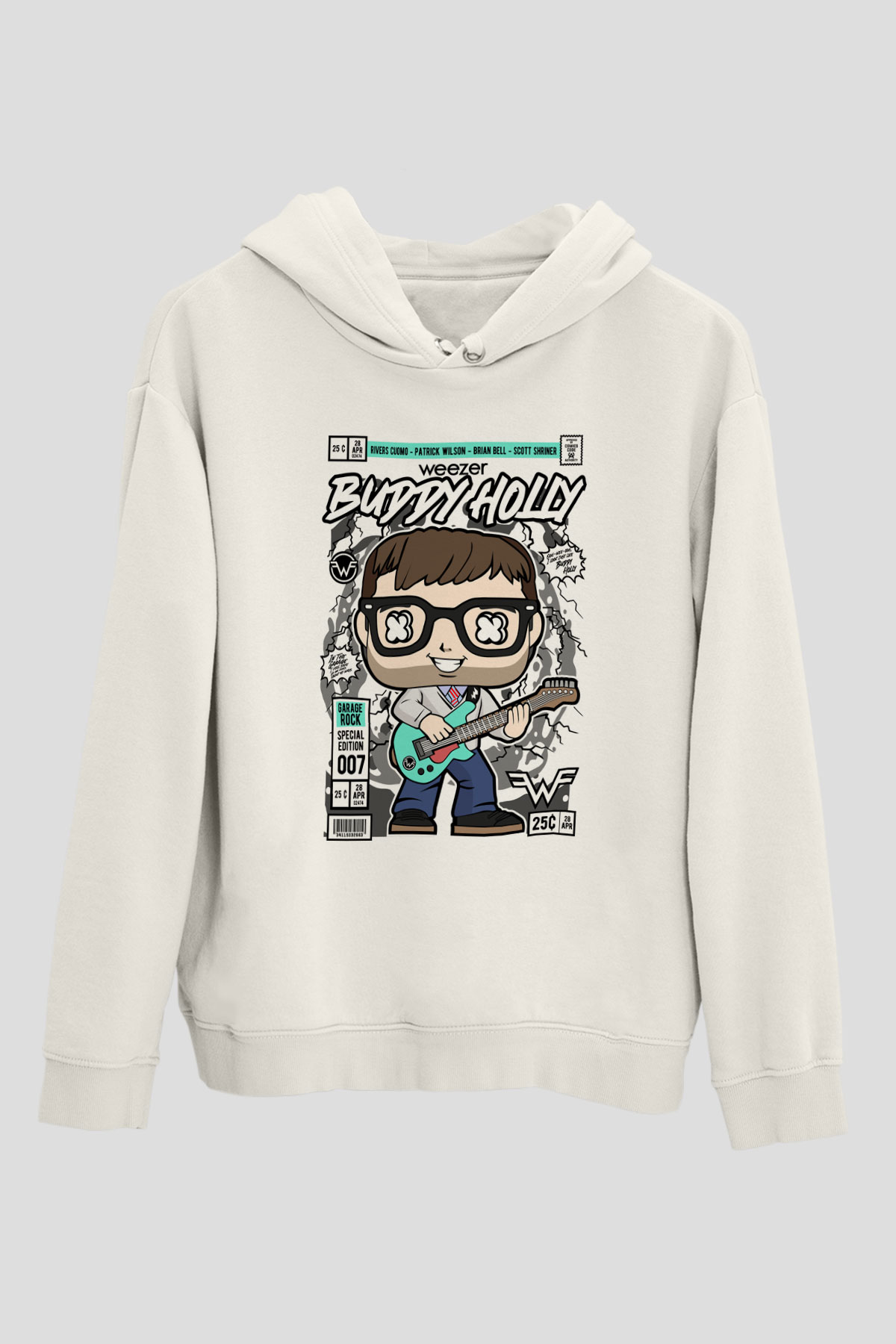 Weezer Buddy Holly Baskılı Unisex Beyaz Hoodie