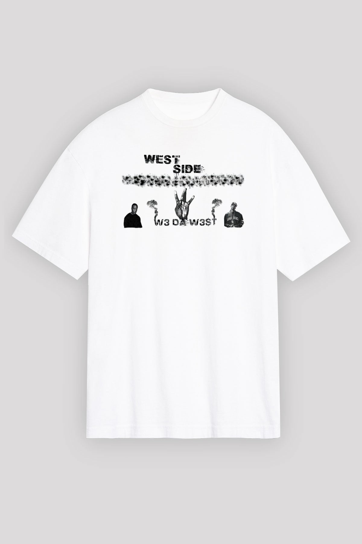 West Side Connection Baskılı Beyaz Unisex Oversize Tişört - Tshirt