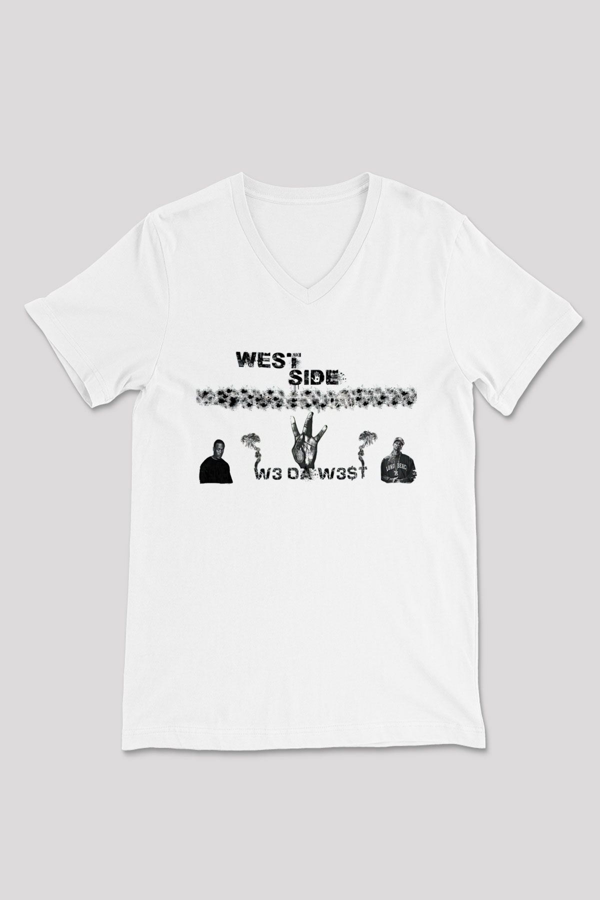 West Side Connection Baskılı Beyaz Unisex V Yaka Tişört - Tshirt