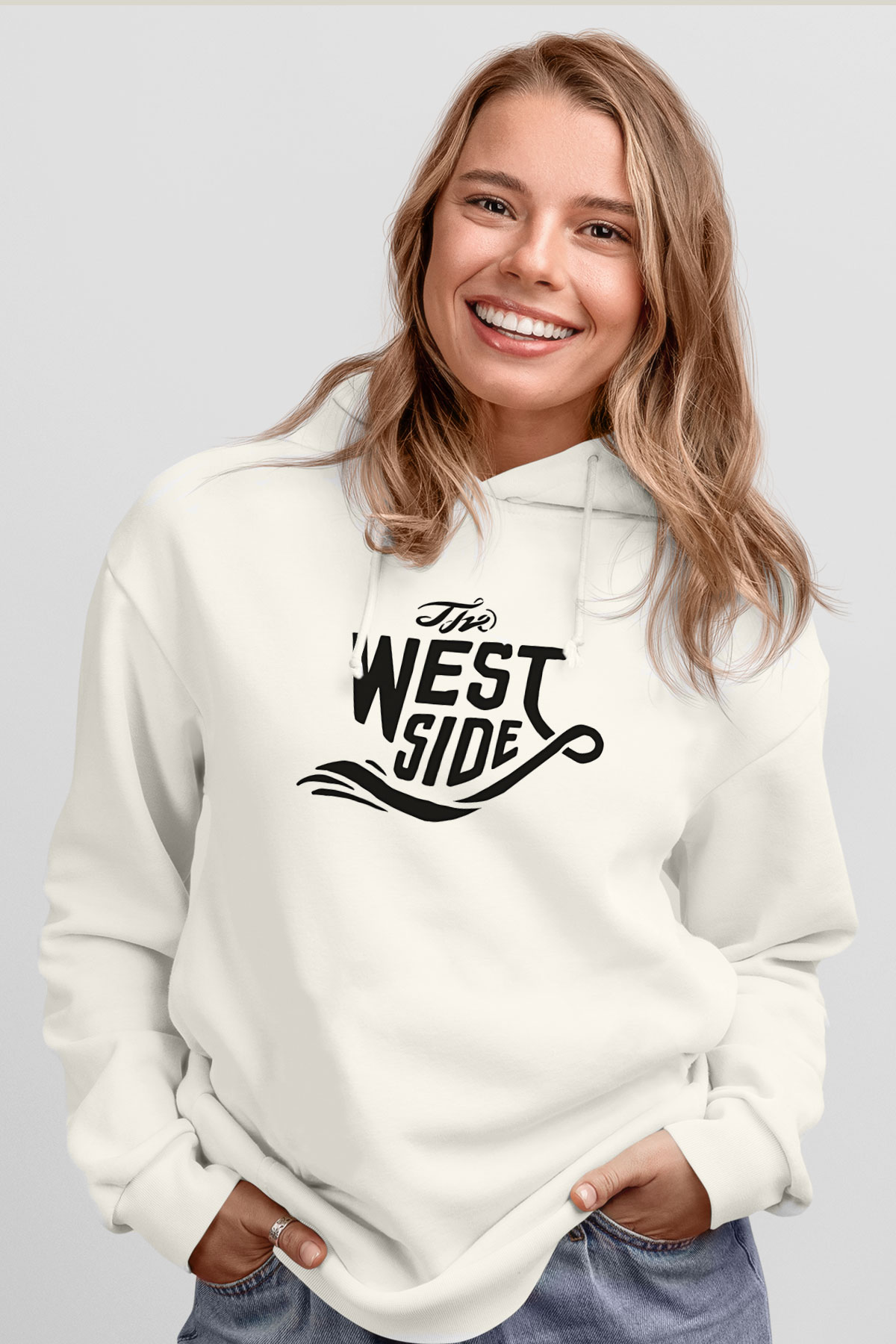 West Side Connection Baskılı Beyaz Unisex Kapüşonlu Sweatshirt