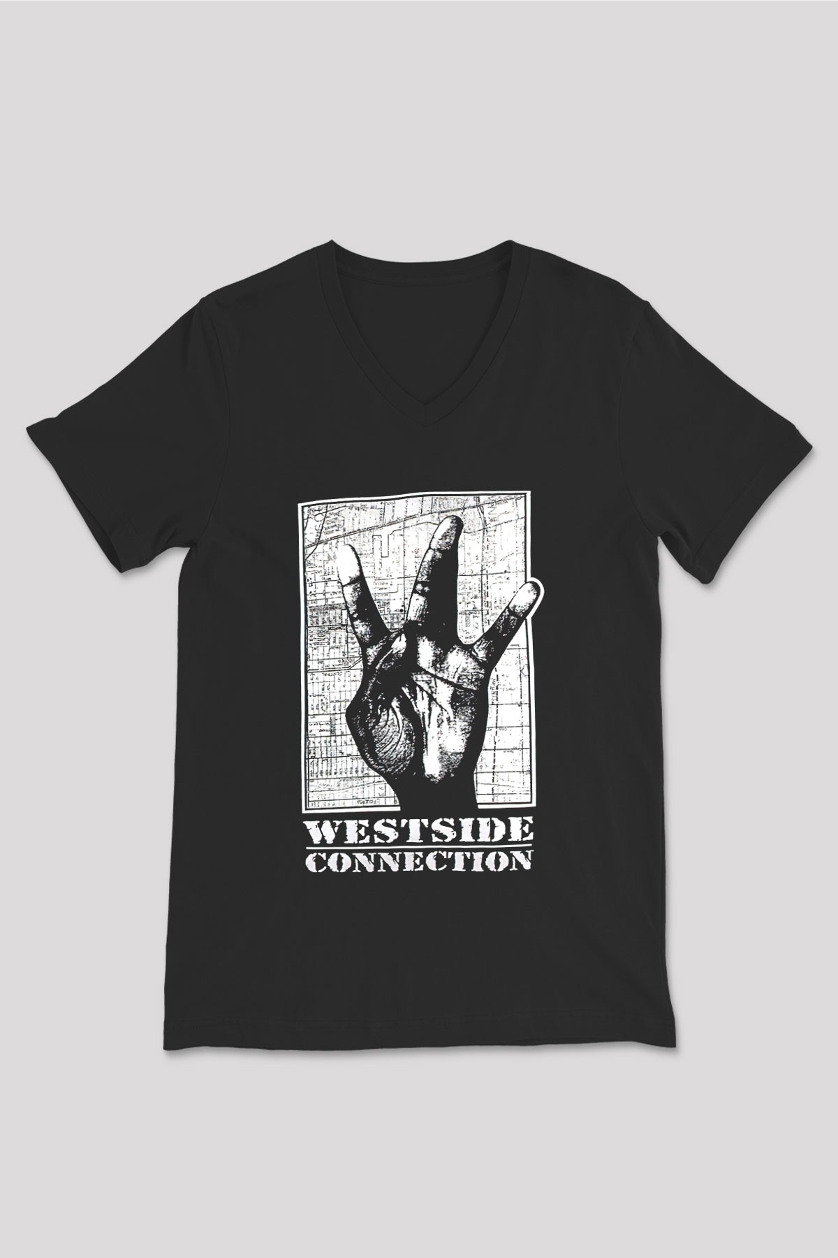 West Side Connection Baskılı Unisex Siyah V Yaka Tişört - Tshirt
