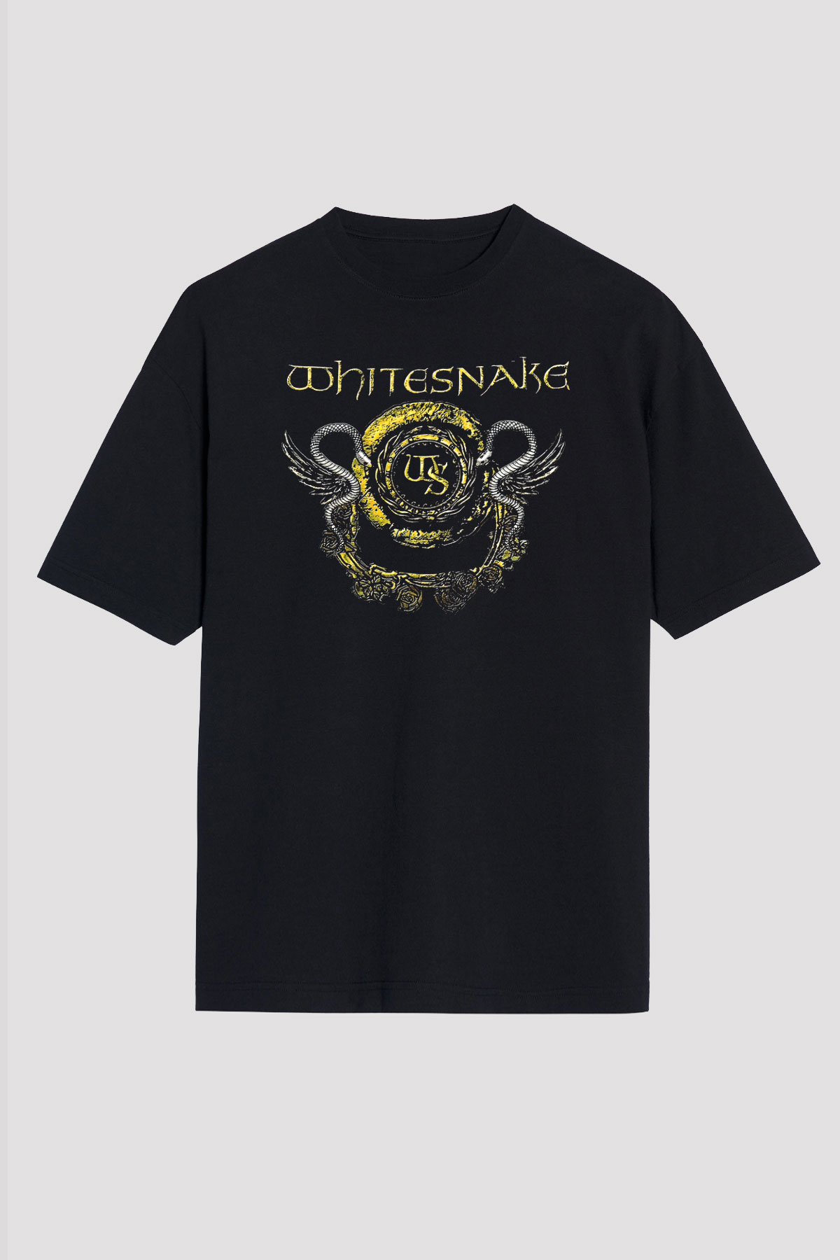 Whitesnake Baskılı Unisex Siyah Oversize Tişört - Tshirt