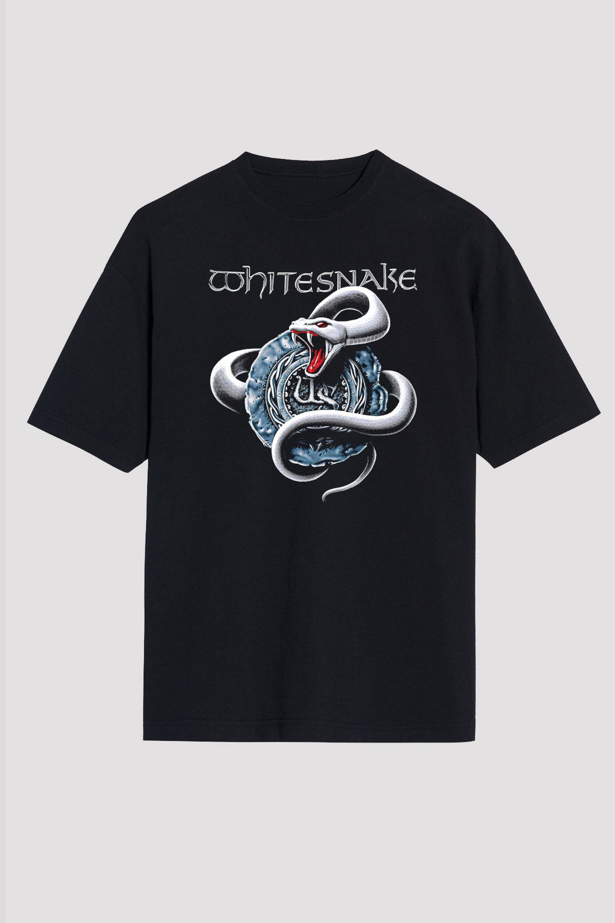 Whitesnake Baskılı Unisex Siyah Oversize Tişört - Tshirt